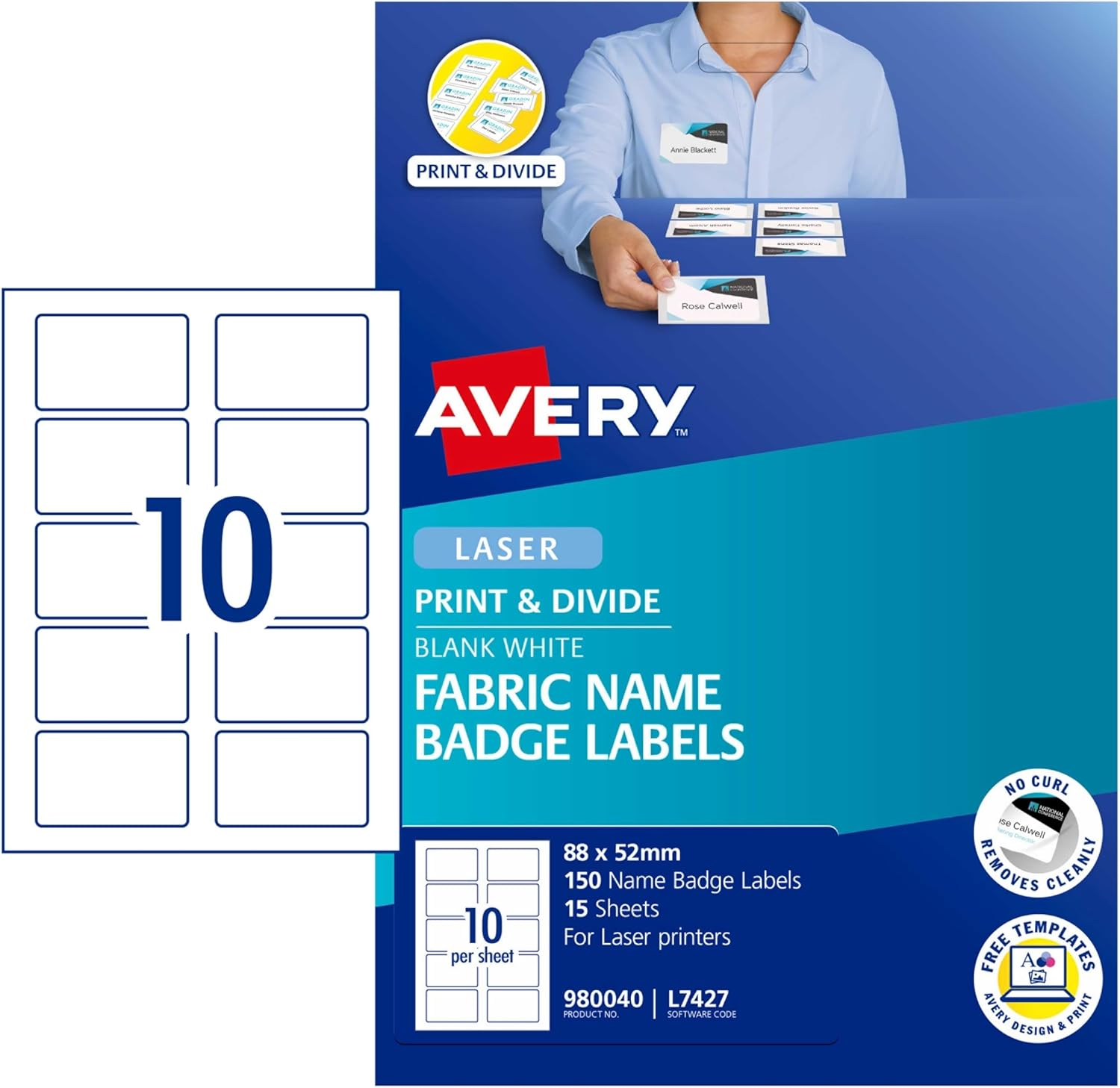 Avery Australia Print and Divide Fabric Name Badge Labels - Personalised Name Tags - 150 Self Adhesive Naming Stickers for Laser Printers - White 235 GSM - 88 X 52 Mm, 15 X A4 Sheets - 980040 / L7427 image number 4