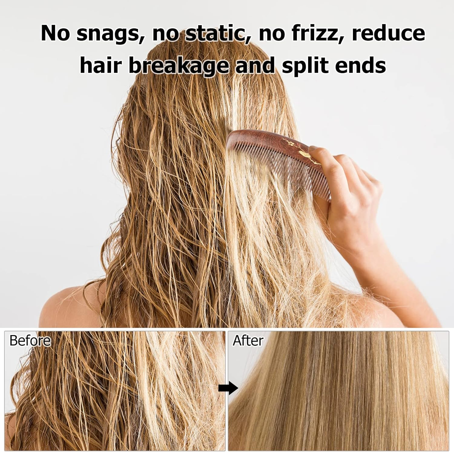 Wooden Hair Comb Fine Tooth Wood Comb for Women No Static Natural Detangling Lwood Comb image number 3