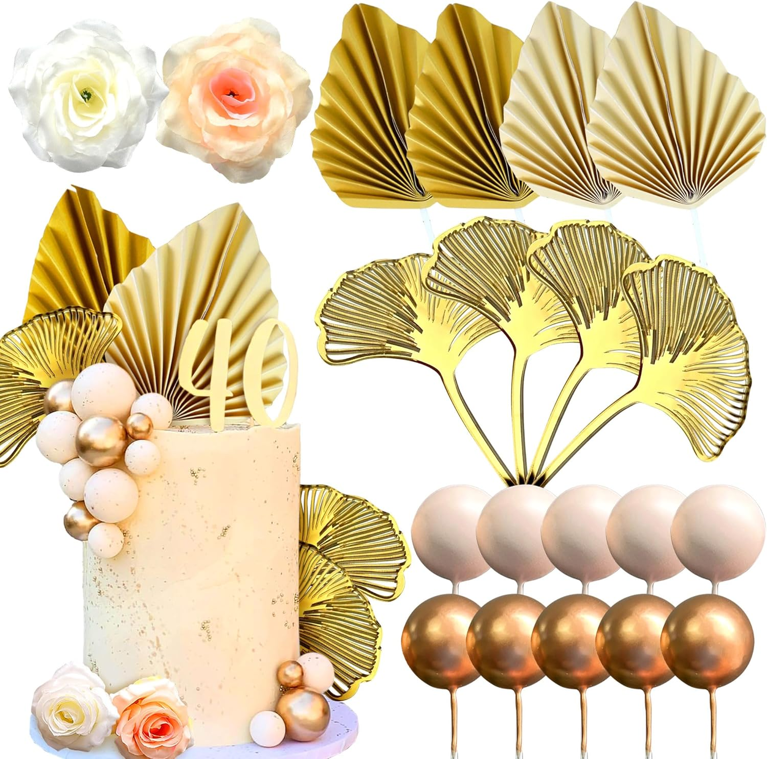 Jevenis 20 PCS Champagne Rose Cake Decoration Balls Cake Decoration Gold Palm Leaves Cake Decoration Bohemian Cake Decoration Boho Cake Decoration Boho Party Supplies