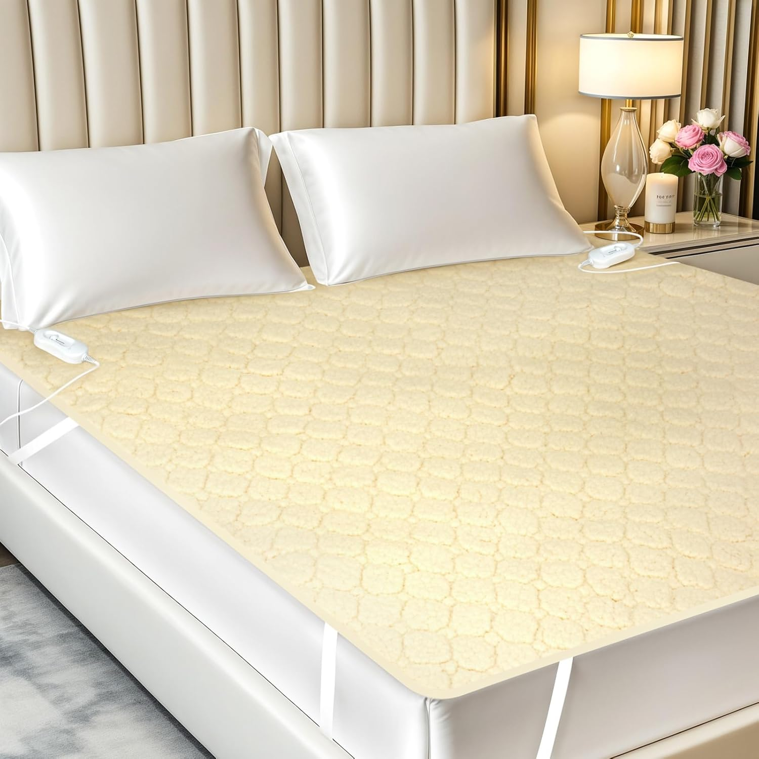 ADVWIN Double Size Electric Blanket, Cotton Fluff Heated Mattress Pad with Dual Control, 3 Heating Settings, Machine Washable, Adjustable Heating Area, 191X139Cm, Beige image number 1