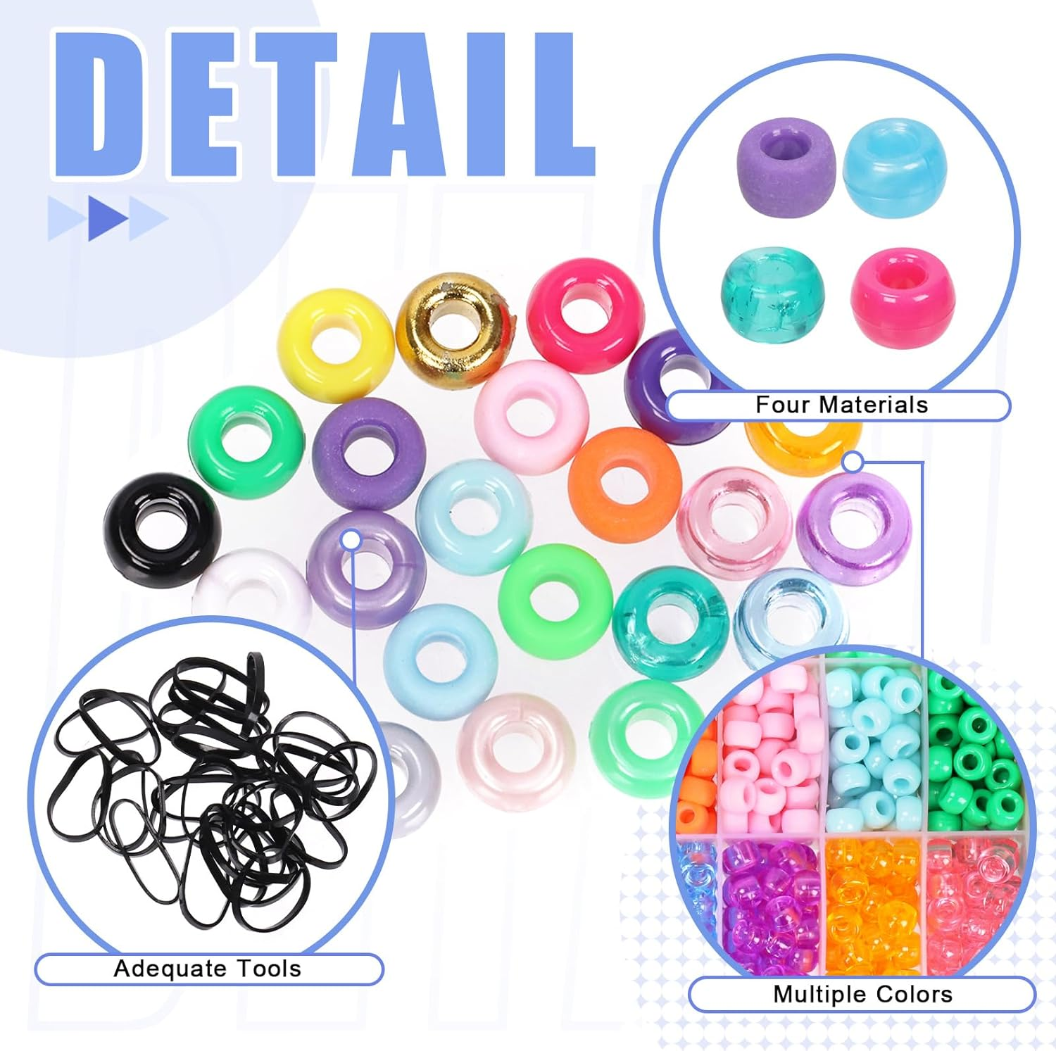 Glarks 1254Pcs 24 Color Pony Beads Kit with Elastic String, Rubber Band, Quick Beader and Scissors - Solid Pearlescent Transparent Matte Rainbow Hair Beads for Braids Bracelet Making Craft image number 3