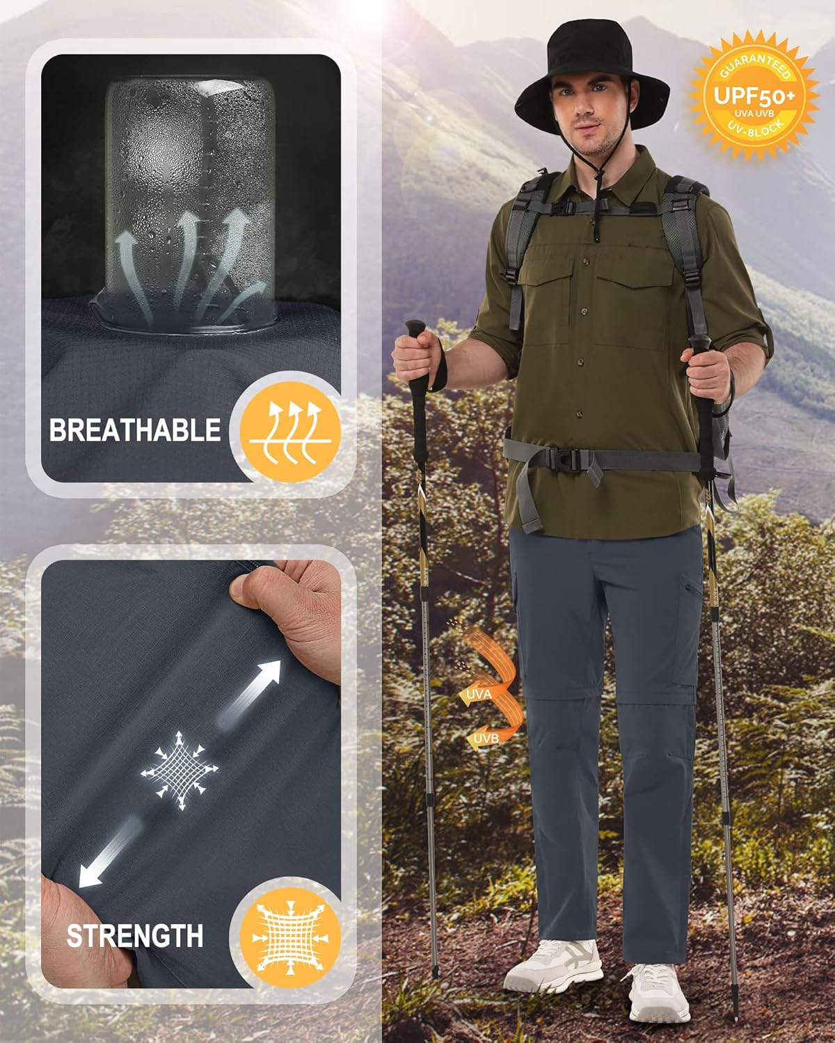 33,000Ft Men'S Zip-Off Hiking Trousers Quick Dry Stretch Walking Pants Convertible into Shorts Lightweight Cargo Trousers for Camping, Fishing, Travelling image number 6