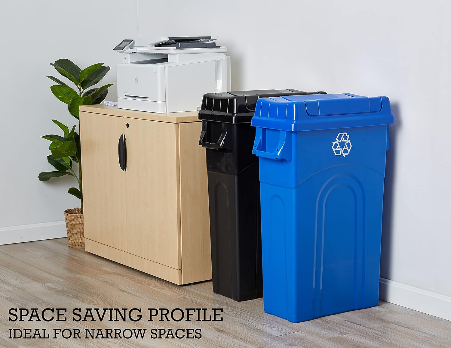 United Solutions Highboy Recycling Bin with Swing Lid, 23 Gallon, Space Saving Slim Profile and Easy Bag Removal, Handles for Easy Carrying, Indoor/Outdoor Use, Recycle Blue image number 4