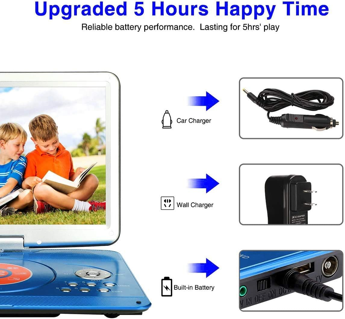 YOOHOO 16.9'' Portable DVD Player with 14.1'' Large Swivel Screen, DVD Player Portable with 6Hrs Rechargeable Battery,Mobile DVD Player for Kids,Sync TV, Support USB SD Card with Car Charger(Blue)