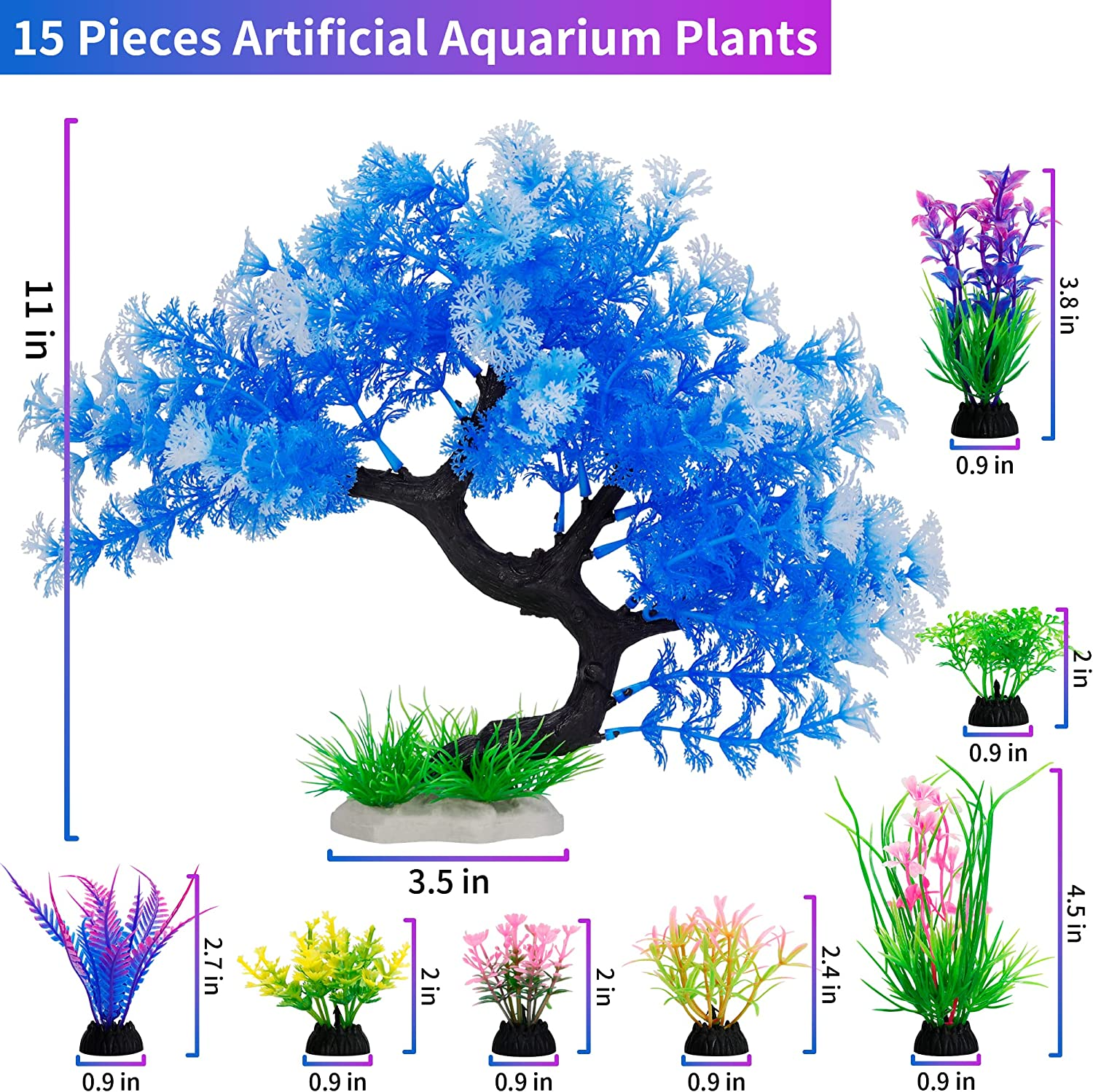 Mylifeunit Fish Tank Decorations, 15 Pack Artificial Aquarium Plants Tree Set for Fish Tank Decor (Bule Set) image number 5