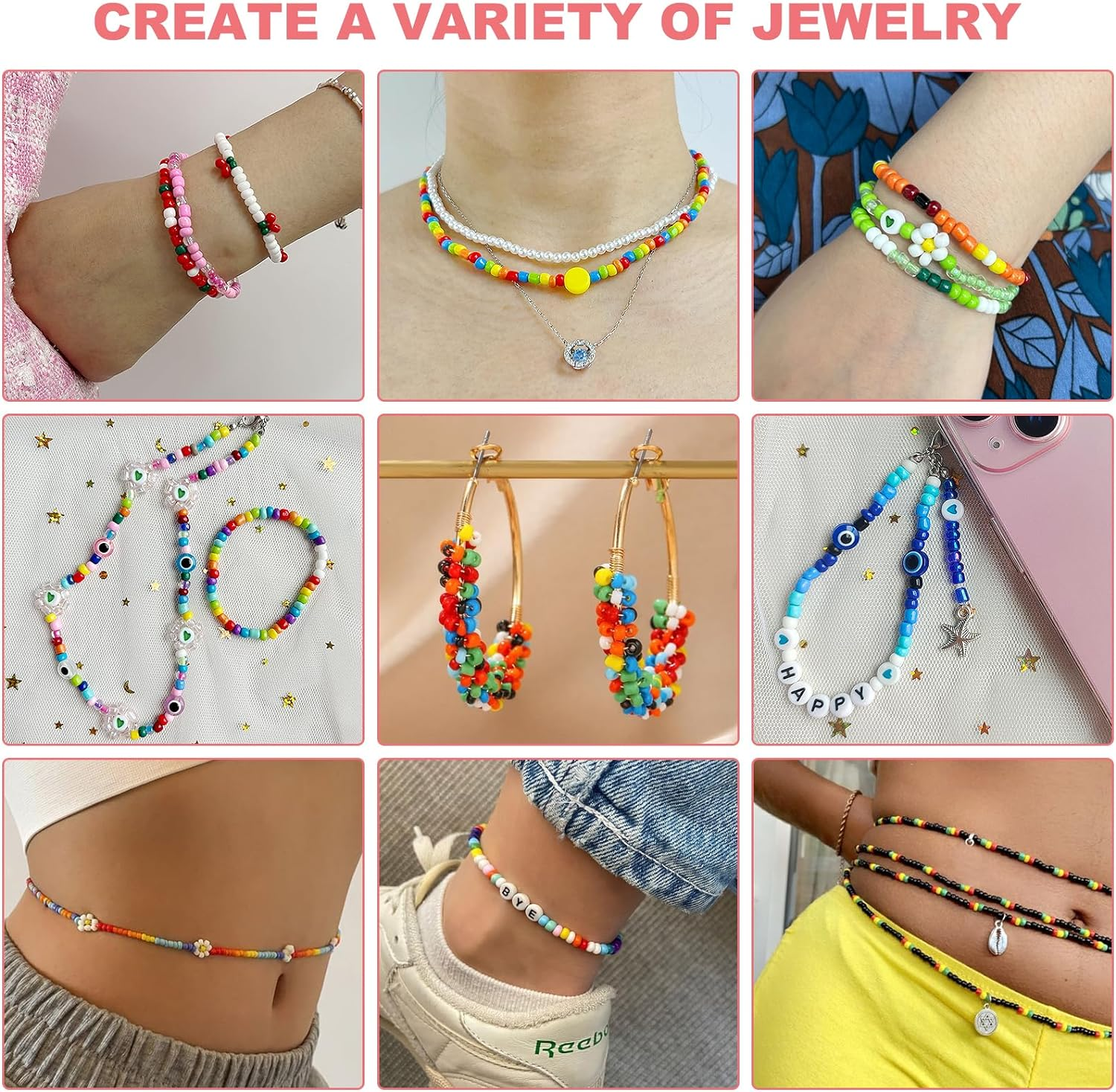 Redtwo 4Mm Glass Seed Beads for Jewelry Bracelet Making Kit, Small Beads Friendship Bracelet Kit, Tiny Waist Beads with Letter Beads and Elastic String, DIY Art Craft Girls Gifts.