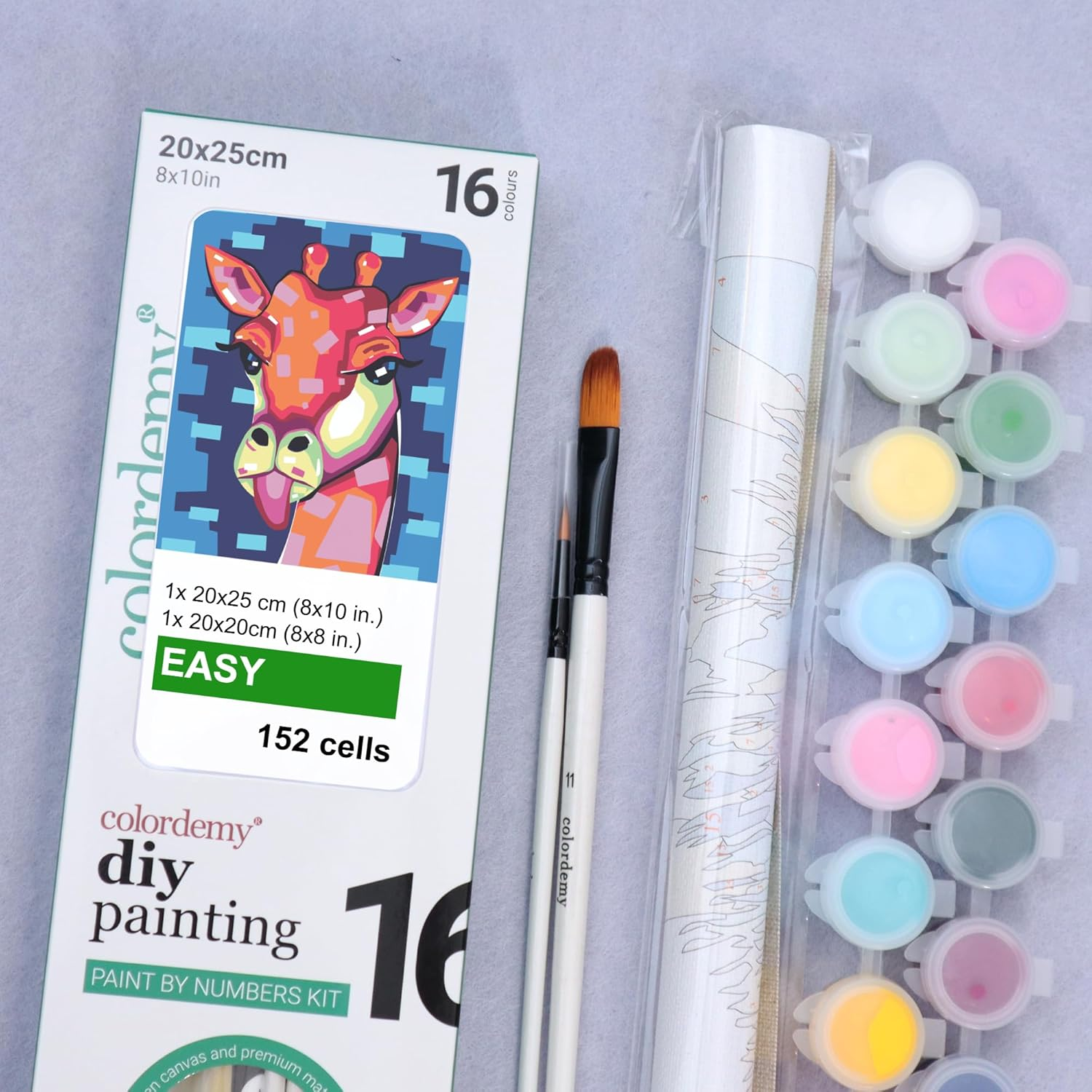 COLORDEMY 2-In-1 Paint by Numbers Kit - Rolled Canvases (20X25Cm & 20X20Cm), 16 Colours, Brushes & Paints Included - Fun for Adults & Kids, Perfect for Parties or Group Painting (Giraffe Design) image number 6