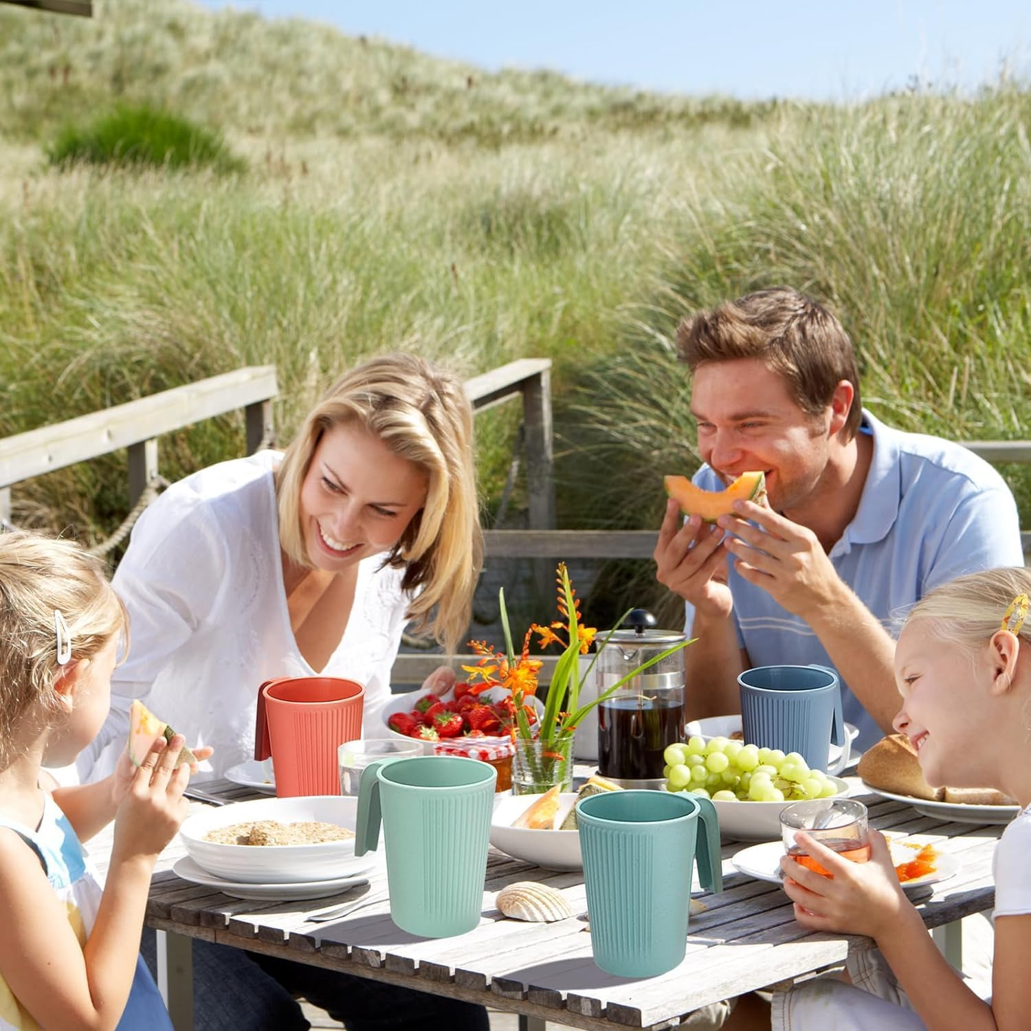 8 Pcs Wheat Straw Cup with Handle Colorful Wheat Straw Mug Stackable Plastic Coffee Cups Set 12 Oz Unbreakable Coffee Mug Reusable Plastic Mug Dishwasher Safe for Coffee Milk Tea image number 6