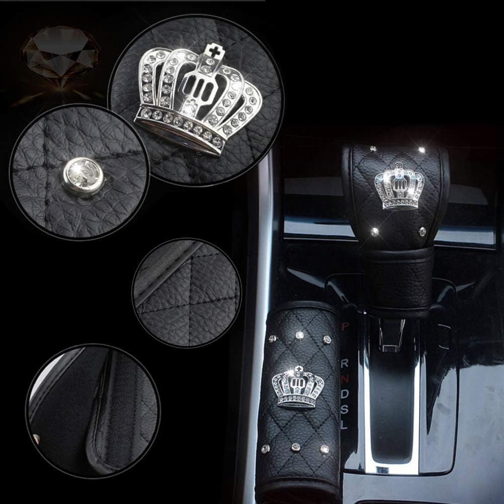 Leather Car Seat Belt Cover Shoulder Seatbelt Pad Handbrake Cover Gear Shift Cover with Bling Rhinestones Crown Car Accessories(4 Pcs) - Bling Ice Silk image number 6