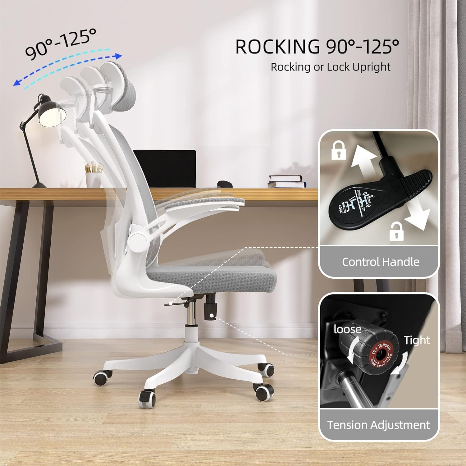 Ergonomic Office Chair with 3D Headrest - Adjustable Swivel Computer Desk Chair for Home & Study, Lumbar Support Mesh Back, Padded Seat, Tilt Function, Grey image number 4
