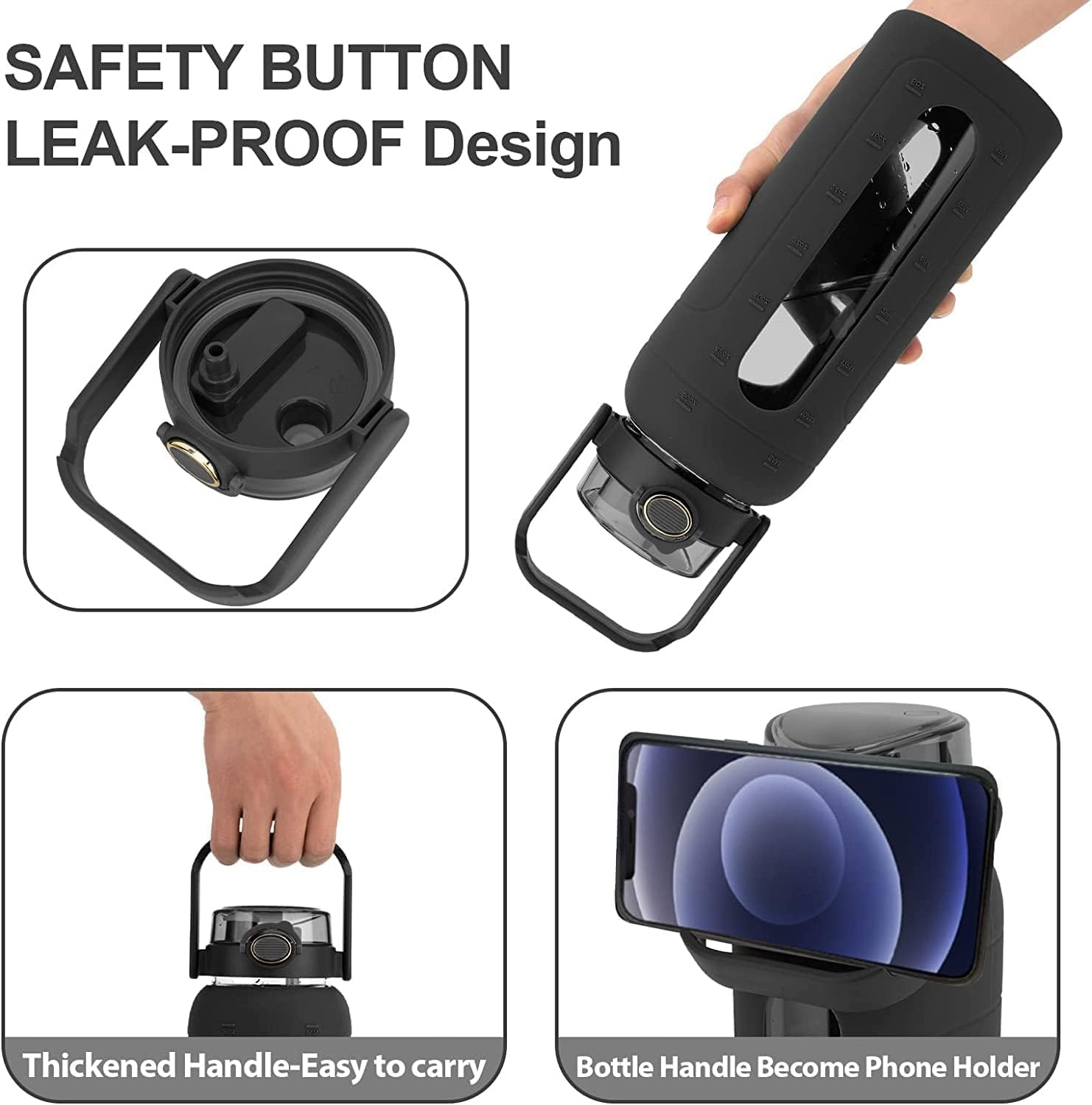 Tronco 64 Oz Glass Water Bottles with Straw and Handle Lid,Half Gallon Water Bottle with Silicone Sleeve&Time Marker,Large Reusable Motivational Glass Water Jug Leakproof for Gym/Workout/Travel image number 3