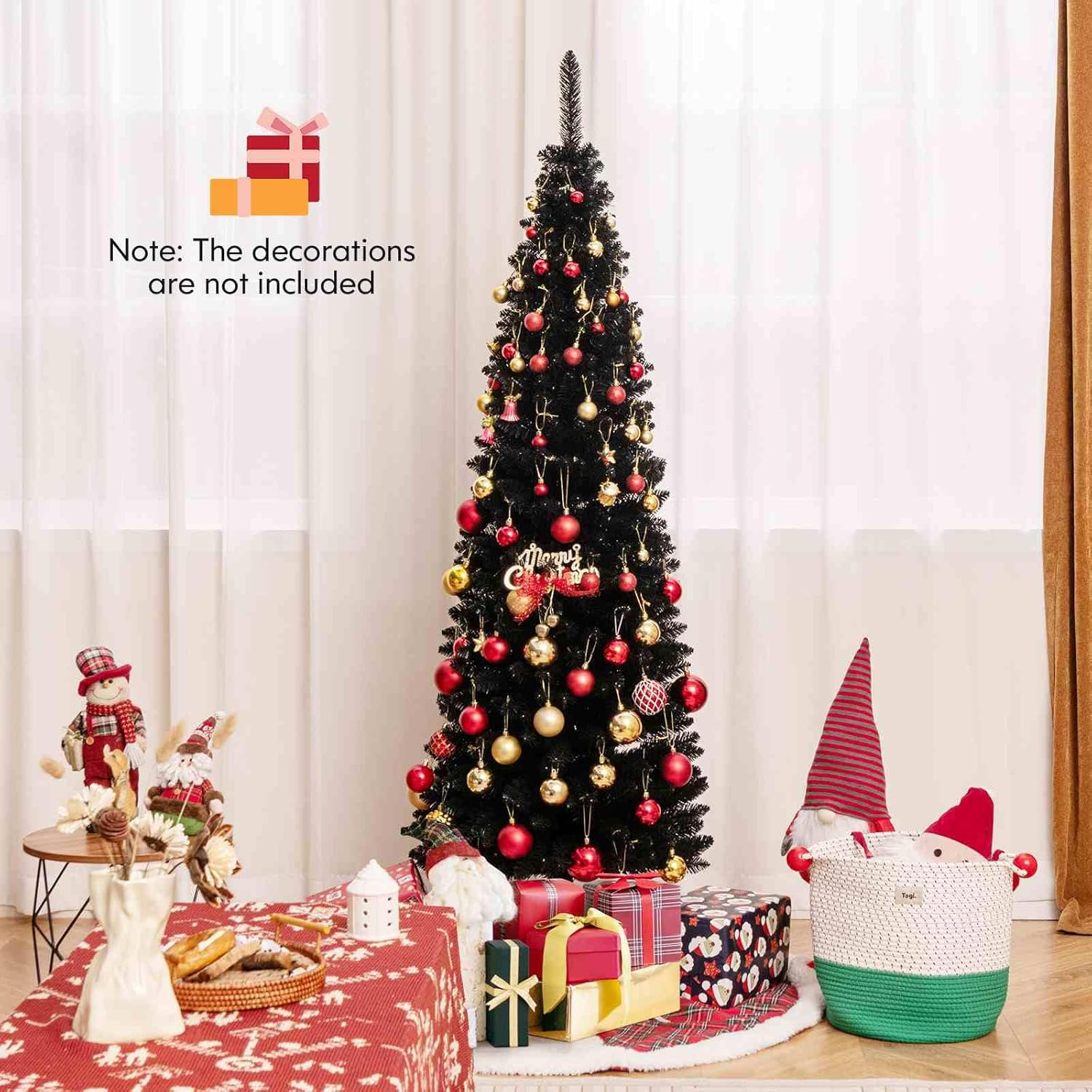 Costway 180 CM Black Artificial Halloween Christmas Tree, Slim Pencil Black Tree W/ 460 Branch Tips, Foldable Metal Stand, Corner Xmas Full Tree Carnival Decoration (180 Cm)