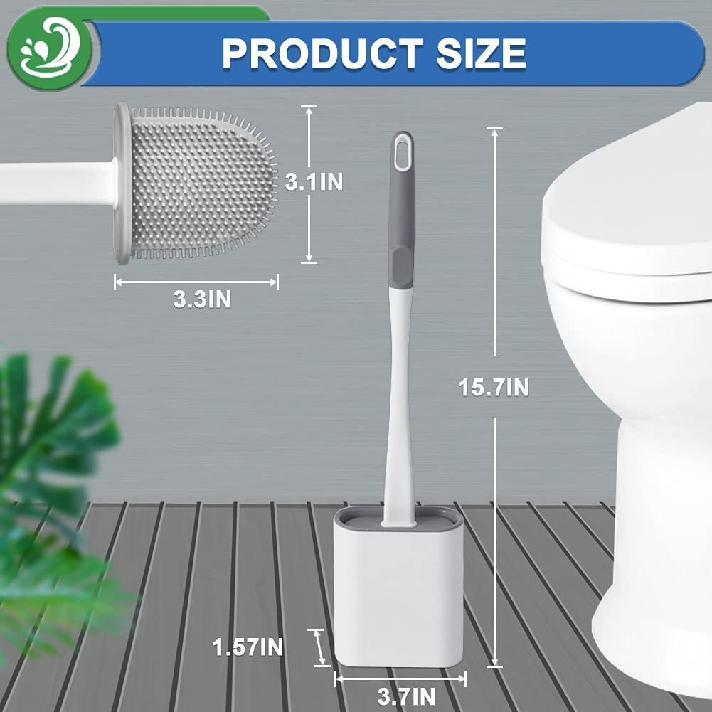 XUXRUS Silicone Toilet Brush with Quick Drying Holder Set -2Pack, Bathroom Toilet Brushes Set with No-Slip Silicone Handle & Anti-Drip Base (Flooring/Wall Mounted) -White