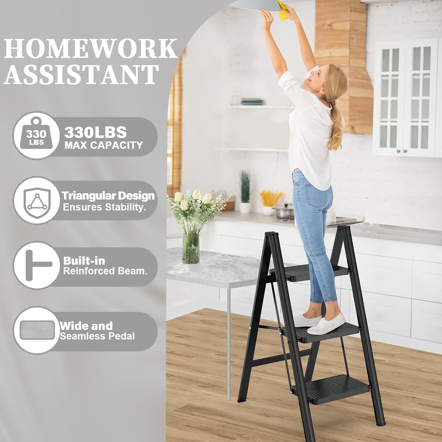 Hbtower Step Ladder 3 Step Folding, Small Step Stool for Adults, Closet Step Stool Lightweight Kitchen Ladder 3 Step Ladder with Anti-Slip Wide Pedals, Black image number 3