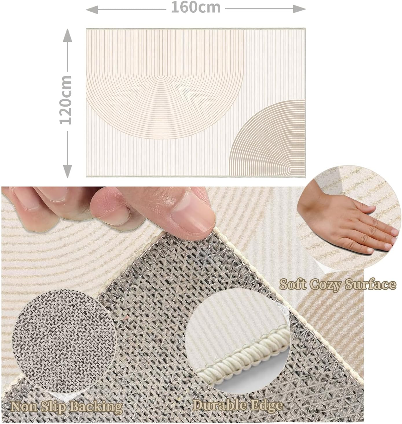 UZU 120X160Cm Machine Washable Area Rug for Living Room and Bedroom Non-Slip Geometric Lines Faux Cashmere Carpet Indoor Large Durable Soft Floor Mat Low Pile Rugs with Anti-Slip Backing - Home Decor