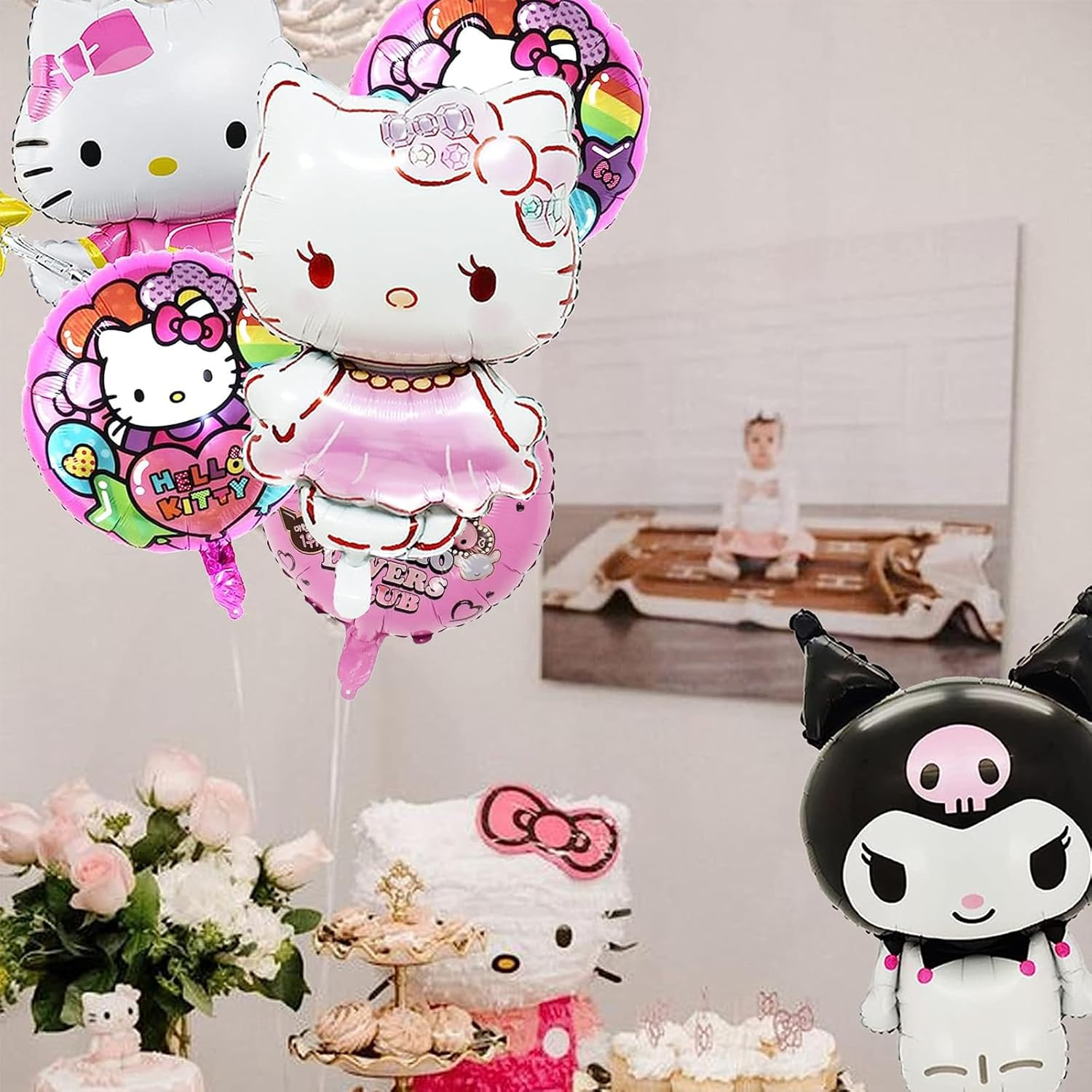 Niumowang Kuromi Hello Kitty Birthday Decoration Foil Balloon Set, 9 Pieces, Pink, Foil Balloon Set, Balloons, Balloon Set, Anime, Birthday, Christmas, Children, Kids image number 3
