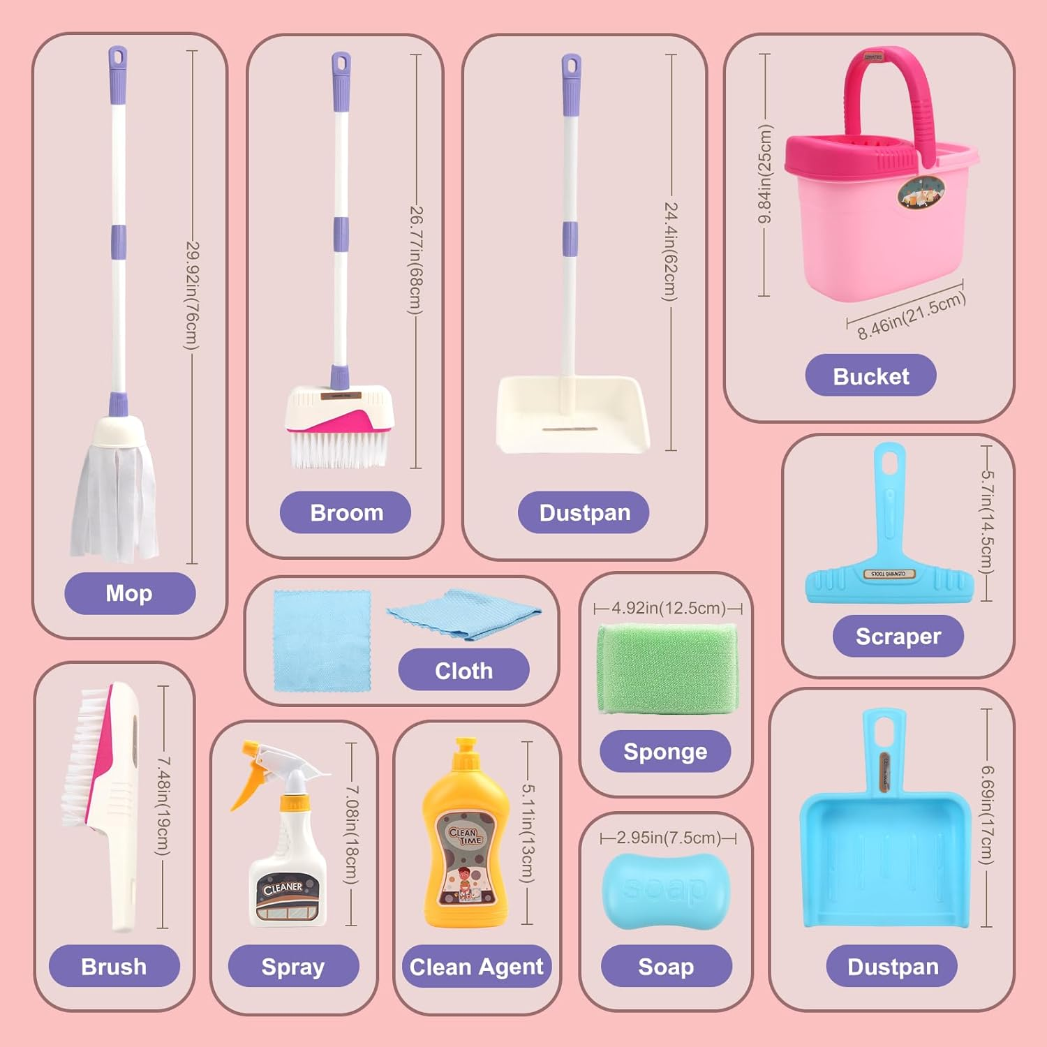 Coolplay Kids Cleaning Set for Toddlers Pretend Play Broom Set, 12Pcs Mop and Cleaning Toys Set Pretend Playset Detachable Broom Mop Dustpan Pink Toy for Girls image number 1