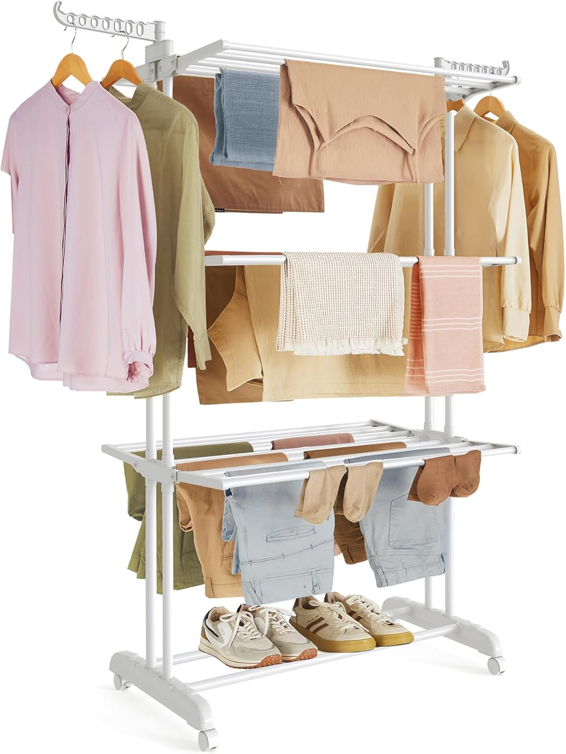 SONGMICS Clothes Drying Rack Stand 4-Tier, Foldable Laundry Drying Rack 67.7-Inch Tall, Stainless Steel, Rolling Clothes Horses Dryer Rack, Easy to Assemble, Indoor Outdoor Use, Gray ULLR701G01