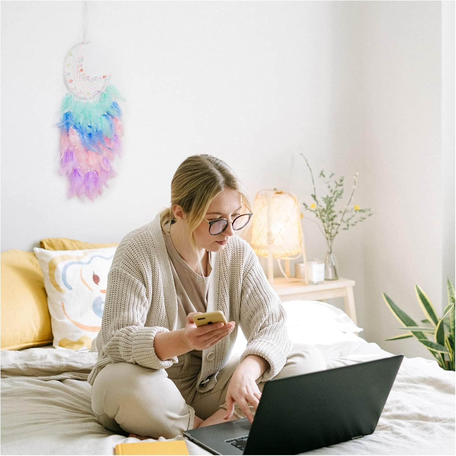 Funincrea Dream Catcher Half Moon Dream Catcher with Feathers Handmade Indian Style Wall Hanging for Living Room Bedroom Dorm (Green) - Black image number 3