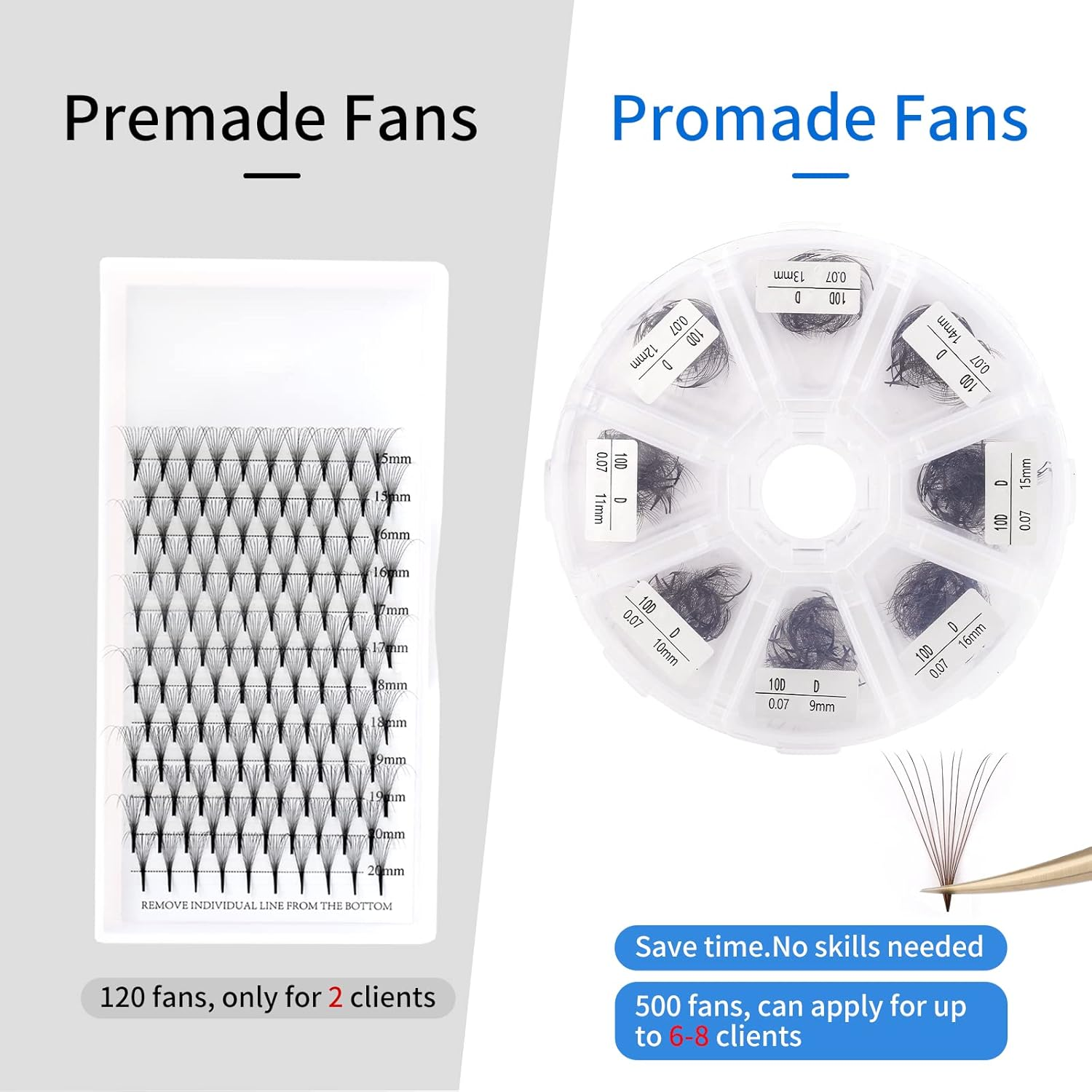 10D Brown Premade Fans Volume Lash Extensions 500 PCS 0.07Mm 9-16Mm Mixed C/D Curl Short Stem Premade Volume Eyelash Extensions Pointed Base Fans(9-16Mm Mixed,500Pcs-10D-0.07-D) image number 2