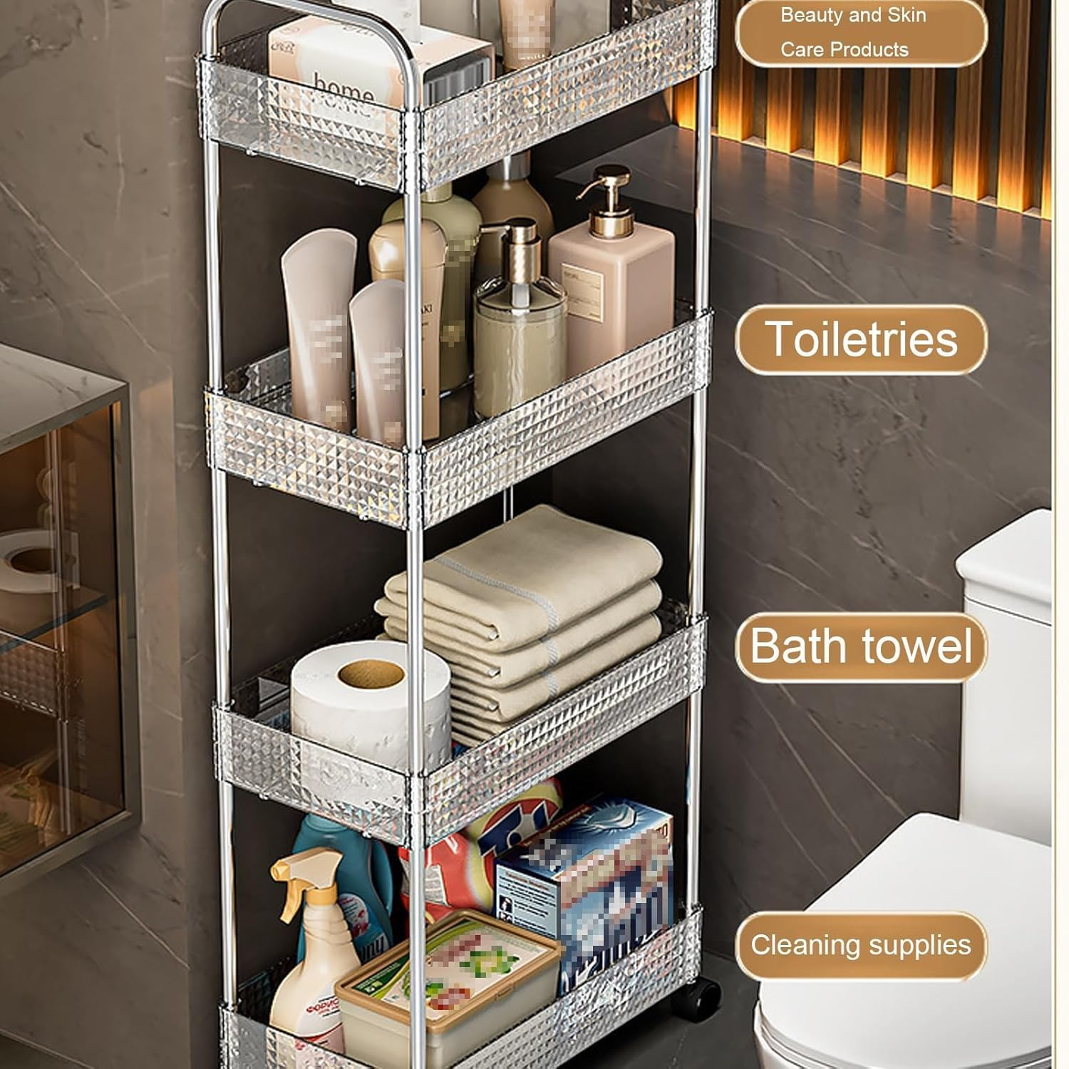 4 Tier Trolley, Metal Utility Cart,Storage Rolling Cart, Clear Bathroom Organizer,Plastic Tiered Shelf with Wheels, Versatile Storage Rack for Bathroom, Kitchen, Space-Saving Design （Clear） image number 2