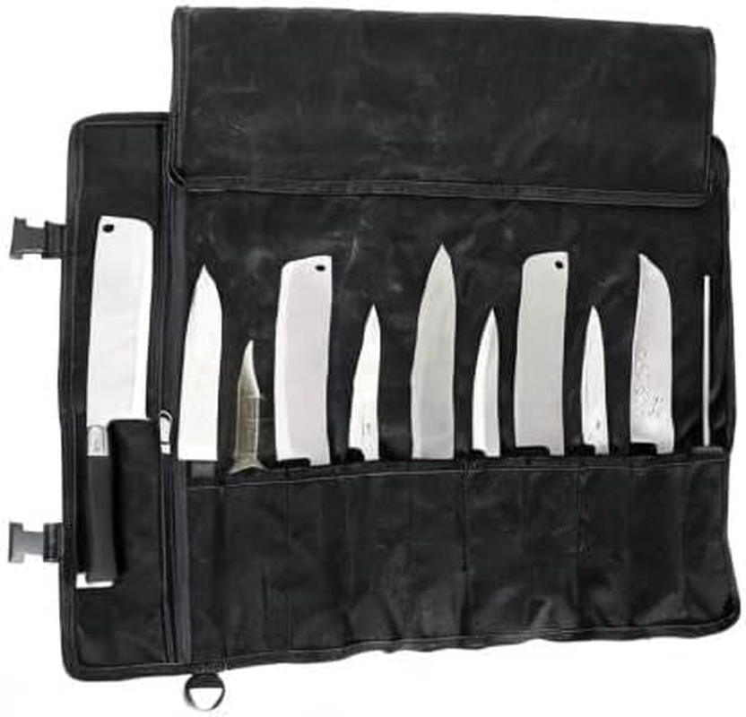 Chef'S Knife Roll Bag - Heavy Duty Waxed Canvas with 11 Slots (10+1 Zipper Pocket), Portable Kitchen Knives Bag for Home/Camping, Waterproof & Shoulder Strap Included (Black) image number 4