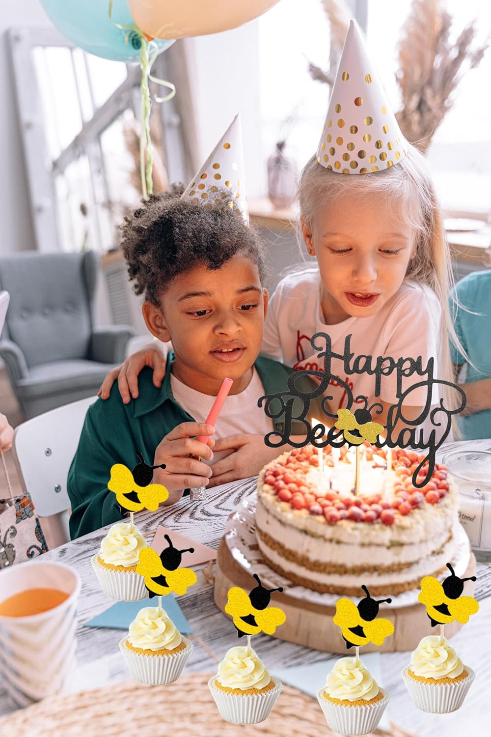 21 Pcs Cupcake Toppers - Happy Bee Day & Birthday Cake Toppers - Bumble Bee & Glitter Bee Cupcake Picks for Baby Shower & Party