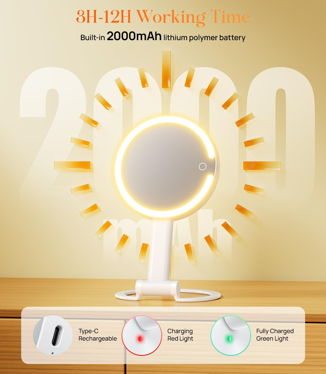 Gospire Magnifying Mirror with Light, 10X / 1X Double-Sided Makeup Mirror, 3 Colours, Dimmable Cosmetic Mirror with Lighting, 3-In-1 Travel Makeup Mirror, White image number 6