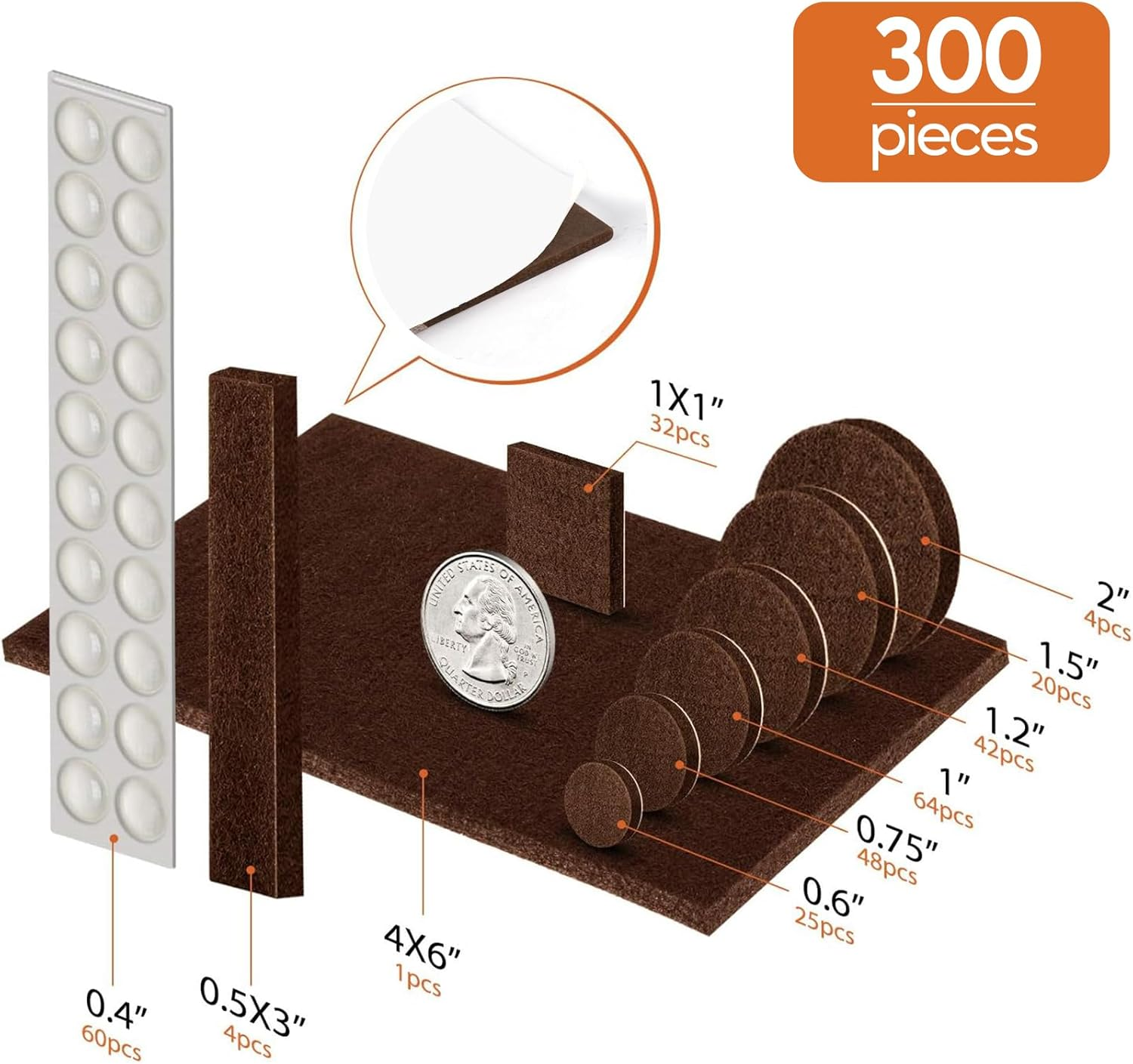 Furniture Pads Felt Pads Pack of 300 5Mm Thick Furniture Felt Pads, Self Adhesive anti Scratch Floor Protectors, Used for Hardwood Tile Wood Floor- Extra 60 Rubber Bumpers (Brown) image number 5