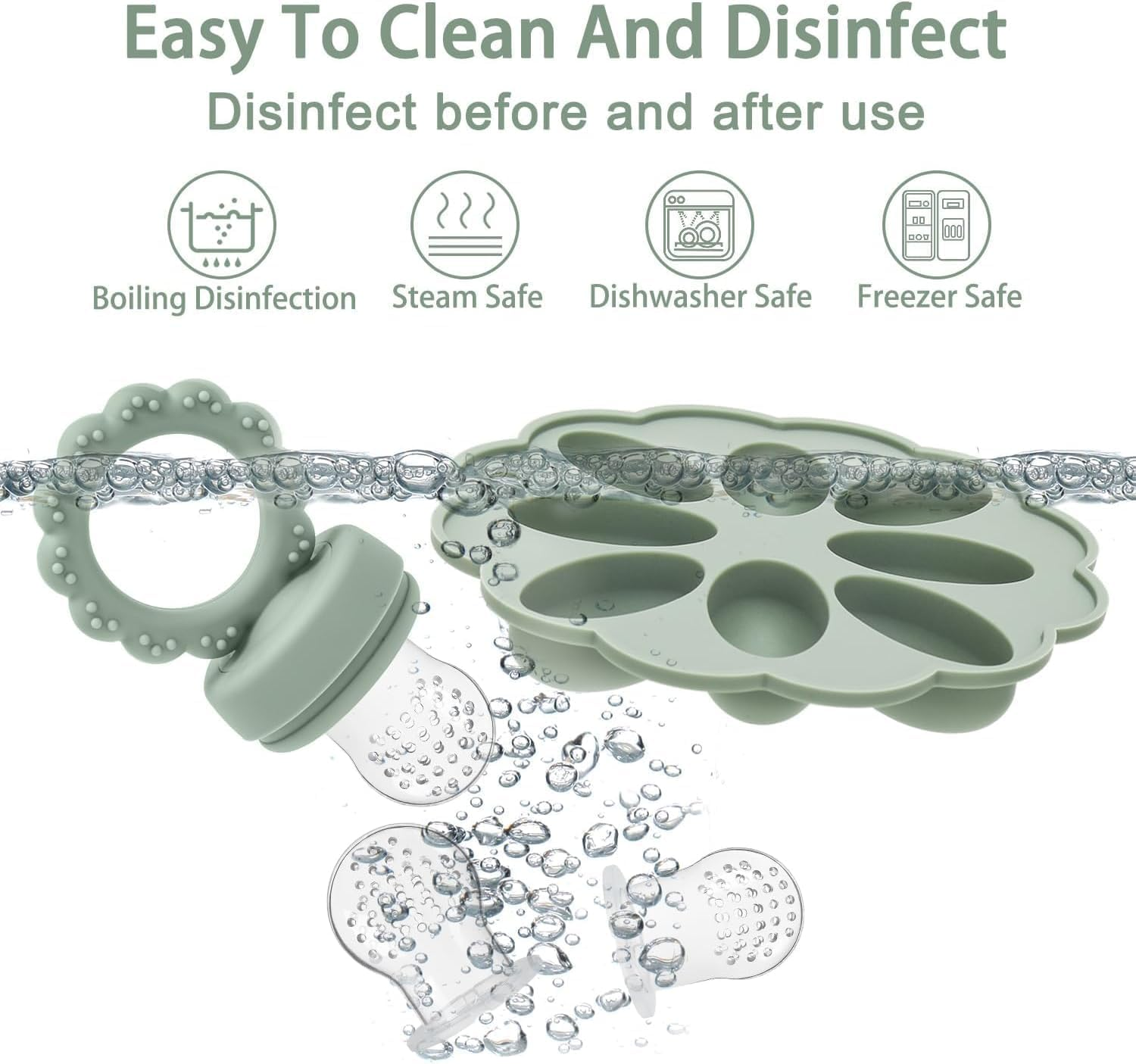 Baby Fruit Food Feeder, Mini Popsicle Ice Tray Set, BPA Free Silicone Baby Feeder for Safe Solid Food Feeding, Breastmilk Popsicle Molds for Cooling Relief, 4 Month+(Green Set) image number 1