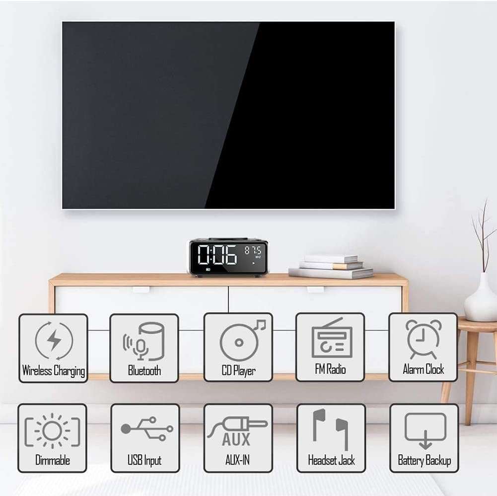 Gelielim CD Player Boombox with Remote, Dual Alarm Clock Radio, Wireless Charger, Bluetooth Digital FM Radio, MP3/USB Music Player, Snooze & Sleep Timer, Dimmable Mirror LED Display （Black） image number 1