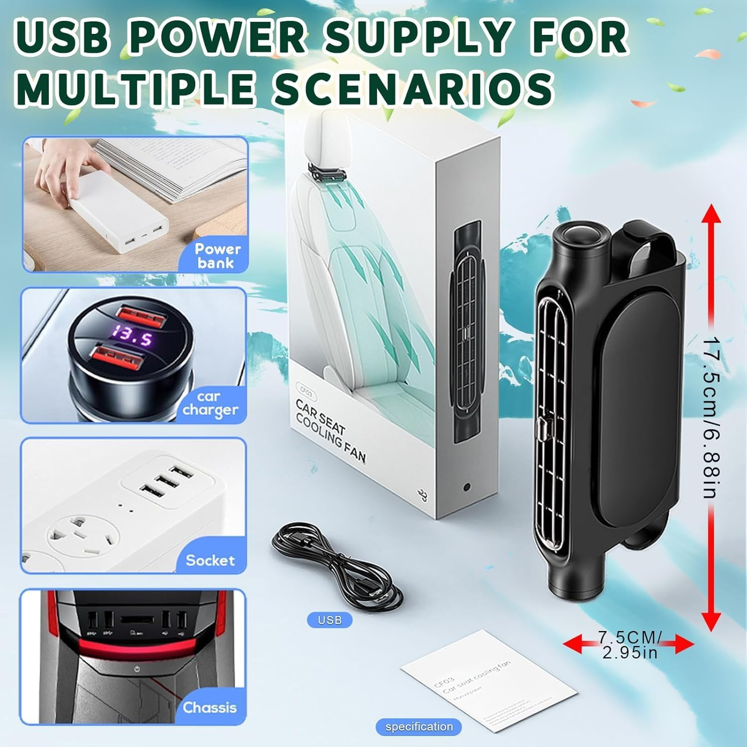 Vehicle Fan, Car Fans That Blow Cold Air, Fan for Backseat of Car, Seat Coolers for Vehicles, Car Fan for Backseat Kids, Car Seat Air Conditioner (Black) image number 4