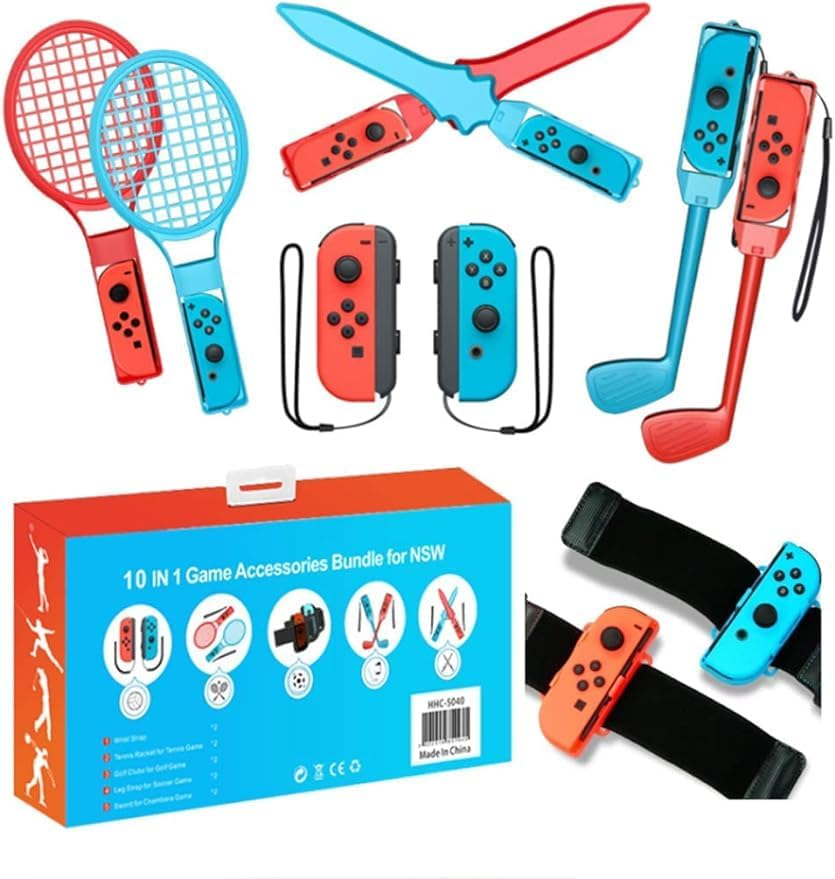10 in 1 Switch Sports Accessories Bundle for Nintendo Switch, Family NS Sport Game Switch OLED Kits with Tennis Rackets, Golf Clubs, Chambara Swords, Soccer Leg Straps & Joycon Grips