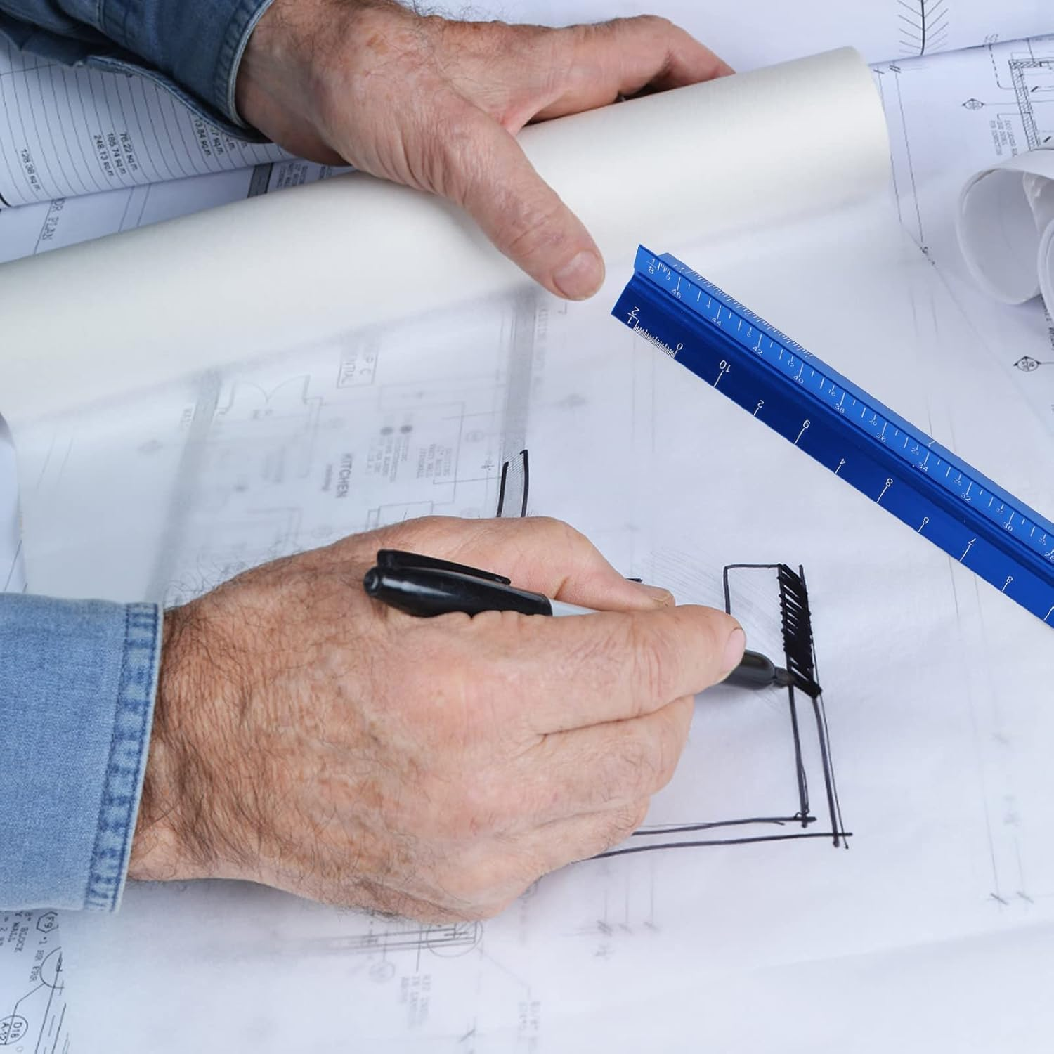 12" Architectural Scale Ruler, Aluminum Scale, Triangular Ruler, Scale Ruler for Blueprint Imperial Measurements for Architects Engineering Artists, Draftsman Drawing, Laser-Etched Markings.(Blue) image number 5