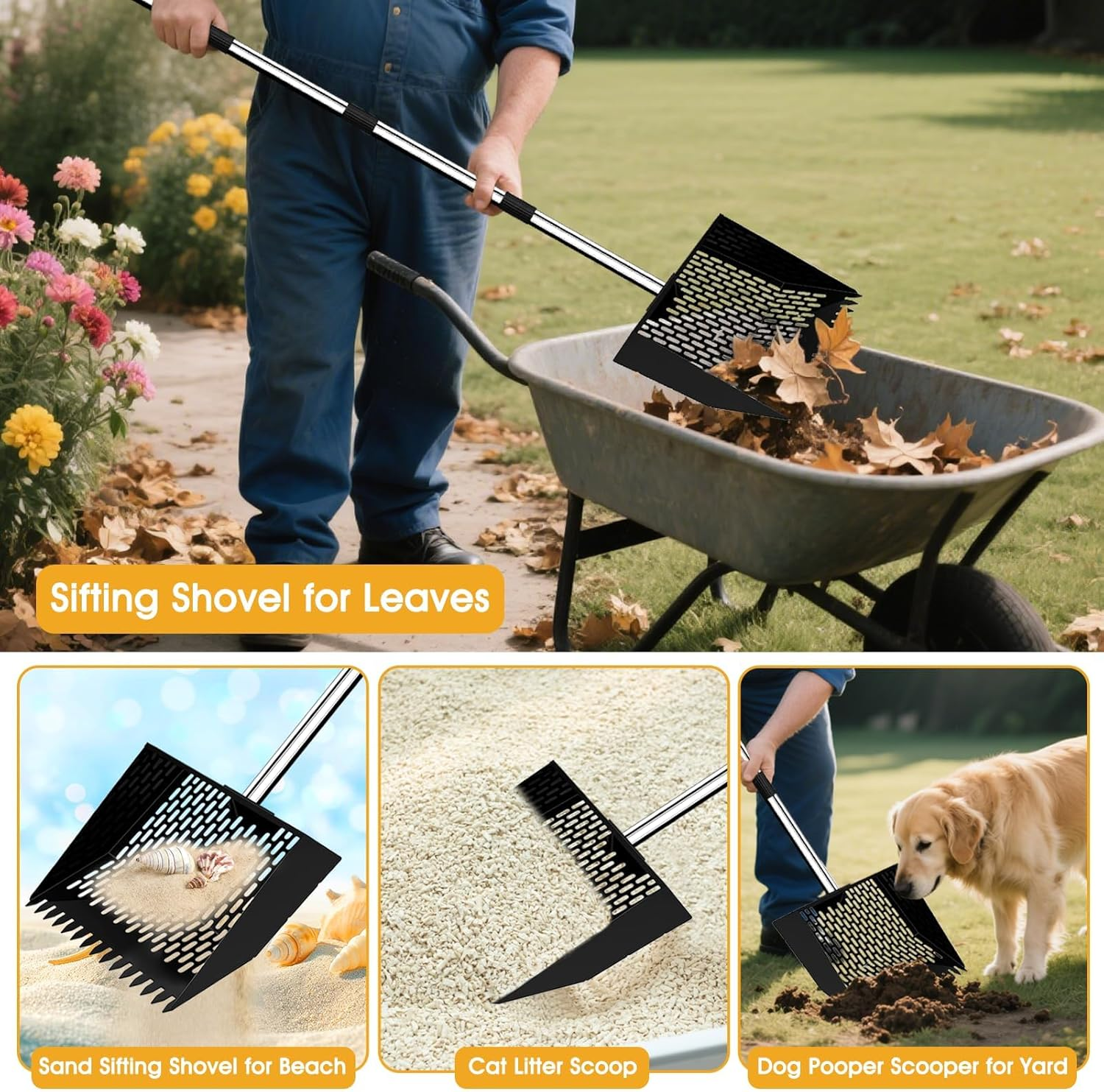 2-In-1 Chicken Poop Scooper & Rake, 10" Wide 63" Long Large Metal Chicken Coop Scooper for Sand with Ergonomic Grip, Heavy Duty Sifting Shovel Rake for Beach, Farm, Garden & Yard Waste (Black) image number 2