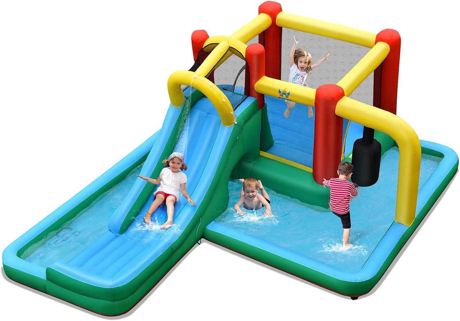 HONEY JOY Inflatable Water Slide, 6-In-1 Kids Water Slide Jumping Bounce House, Inflatable Pool with Slide, Climbing Wall, Tunnel, Pendulum, Blow up Water Slides for Backyard (Without Blower) image number 1