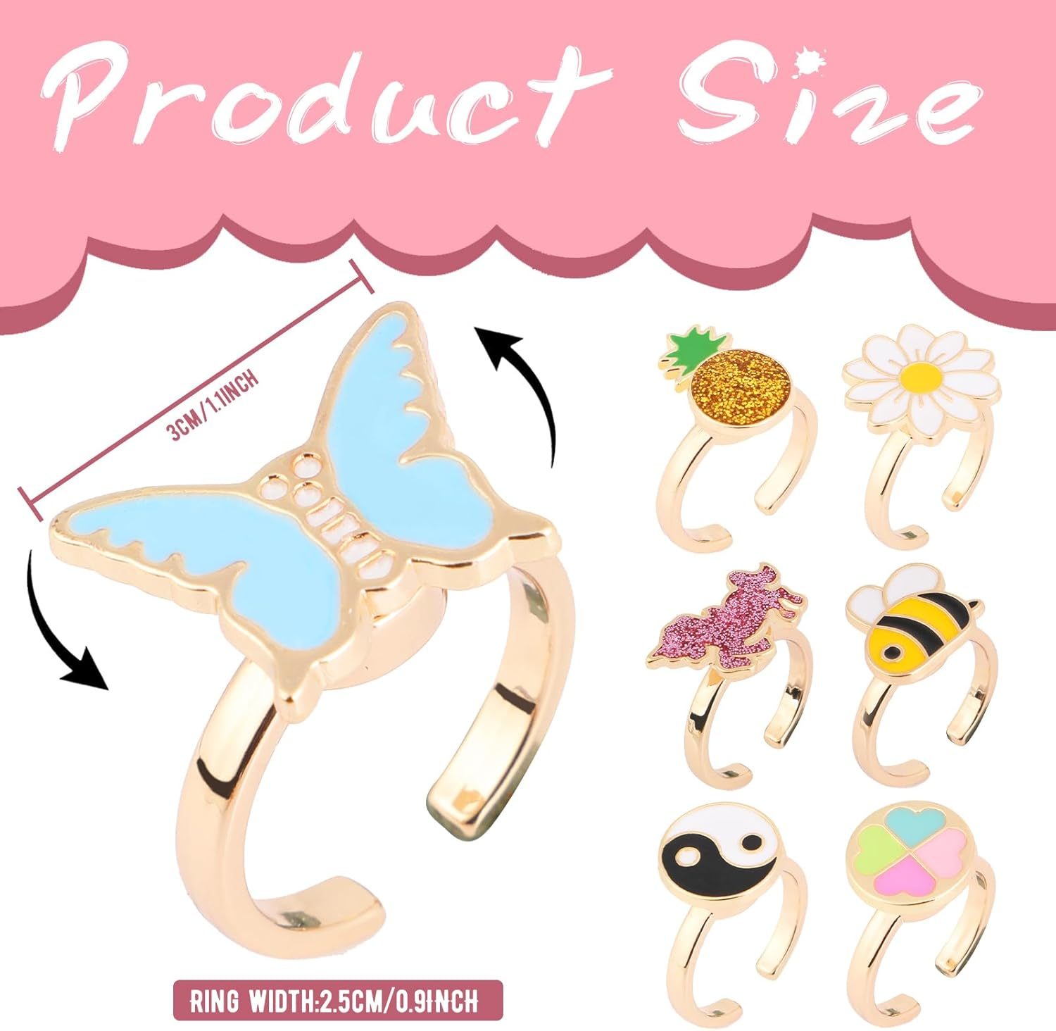 Mjartoria 7Pcs Fidget Rings for Anxiety, Shell Butterfly Unicorn Flower Stainless Steel Spinner Ring Set for Teen Girls Mood Rings Stress Relieving Wide Rings Set - Pink-Unicorn image number 2