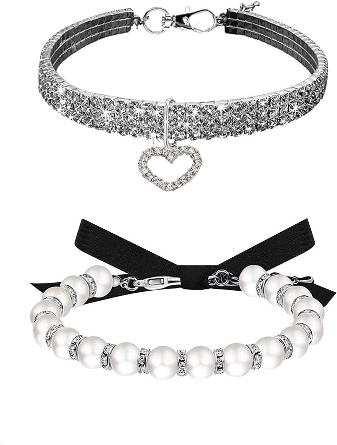 Rhinestones Dog Collar and Pearl Dog Necklace Set, Adjustable Neck Strap Bling Full Diamond Crystal Cute Pearl Dog Collar for Small Cats Puppy for Wedding Birthday Party (White, Small) image number 3