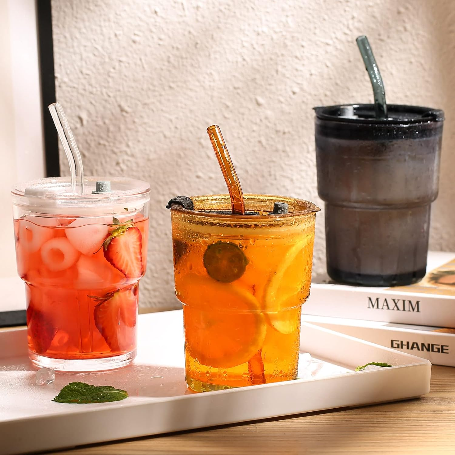 13 OZ/400ML Ice Coffee Glass Tumbler with Straw and Lid Sealed Carry On, Thick Wall Water Glass Cup Mug Tea （Gray） image number 4