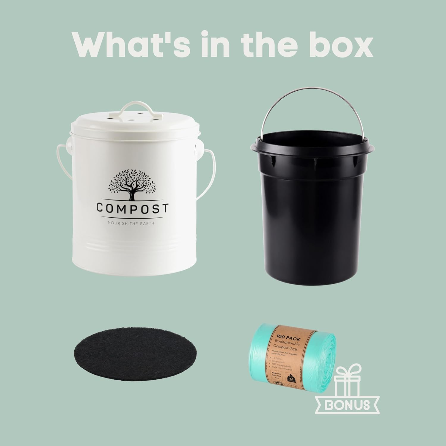 Perfnique Kitchen Compost Bin, 1.3 Gallon Countertop Compost Bin with Lid, Indoor Compost Bucket Includes Inner Bucket Liner and Carbon Filter, Small Compost Bin with Trash Bags