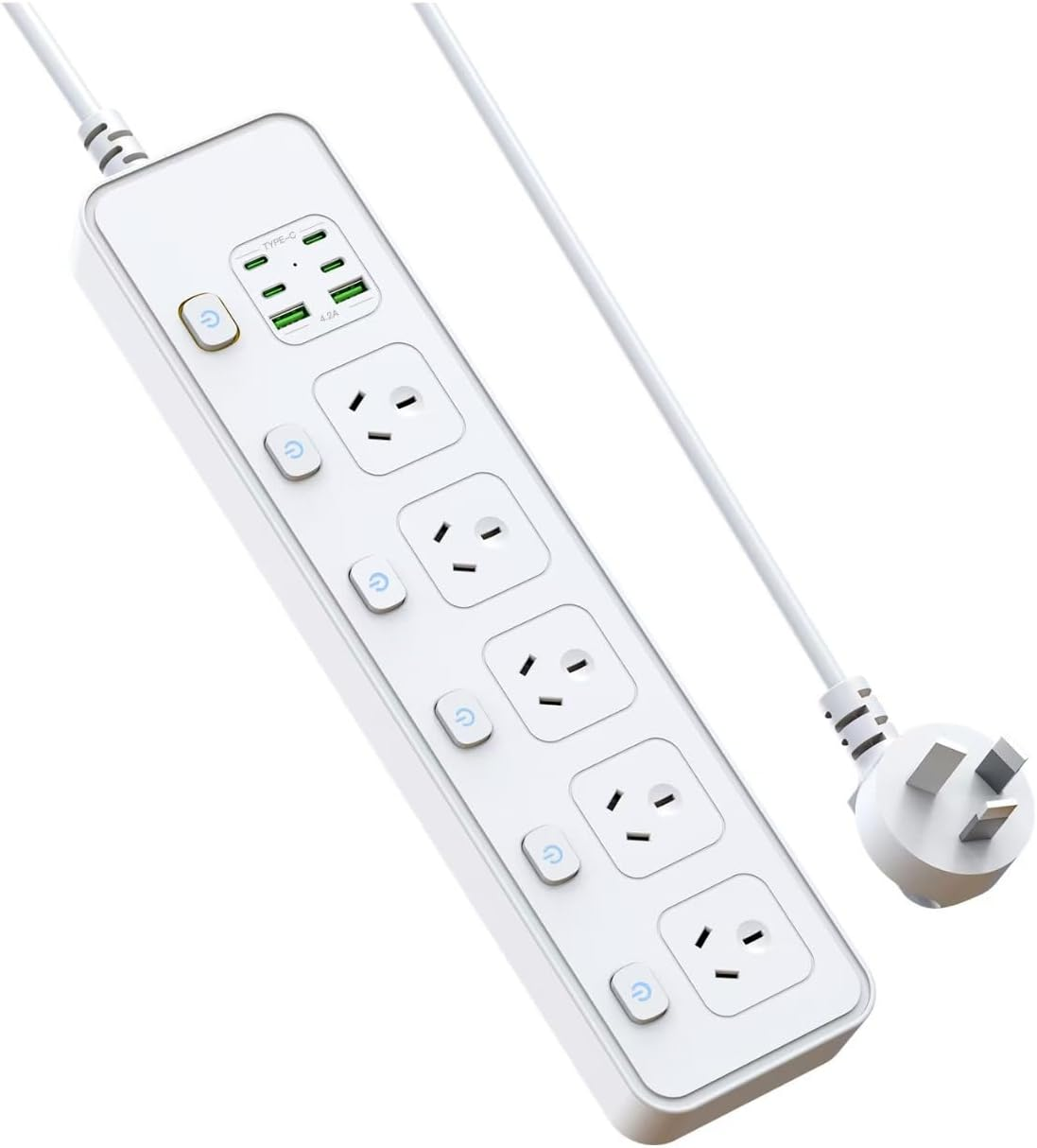 Power Board Individual Switch,11-In-1 Power Strip with 5 AC Outlets, Surge Protector Powerboard with 6 USB Ports(4 USB C Outlets), 1.8M Extension Cord Power Strip,Wall Mount for Home Office White image number 2