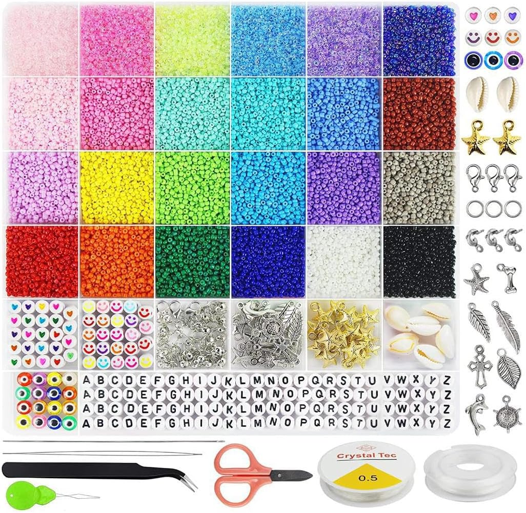 Bracelets Making Kit,24 Colors 16800Pcs Seed Beads with Pendant Charms Kit Letter Beads and Elastic Strings for DIY Craft, Bracelets, Necklace, Making Kit, Hand Making image number 2