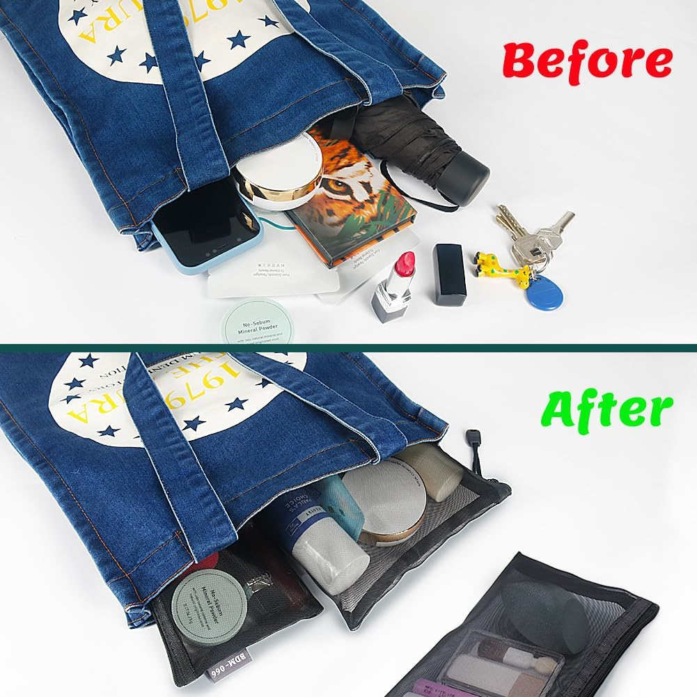 6 Pack Mesh Cosmetic Bags, Nylon Makeup Pouches with Zipper for Home Office Purse Diaper Bag (Black) - Black image number 6