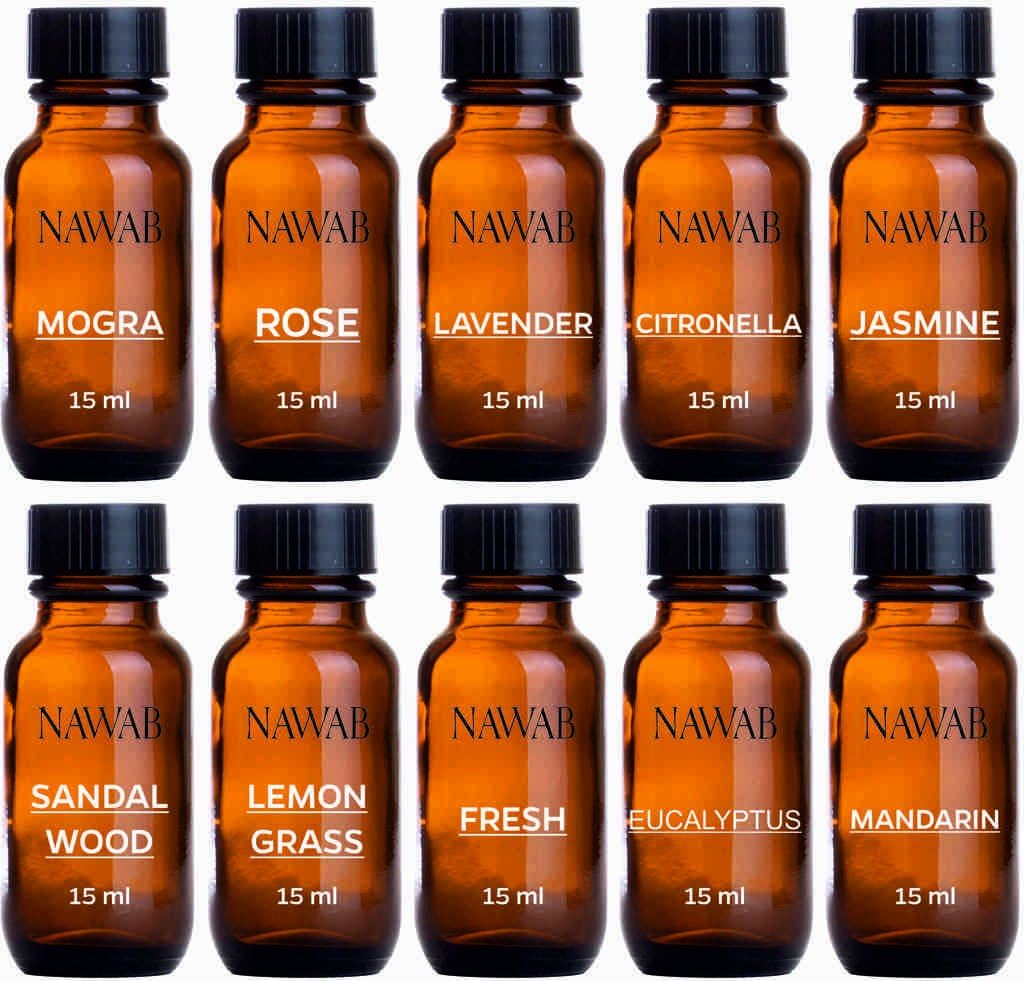 NAWAB Essential Aroma Diffuser Oil(Fresh,Mandarin,Lavender,Lemongrass,Rose,Jasmine,Citronella,Eucalyptus,Sandalwood,Mogra-15Ml Each)