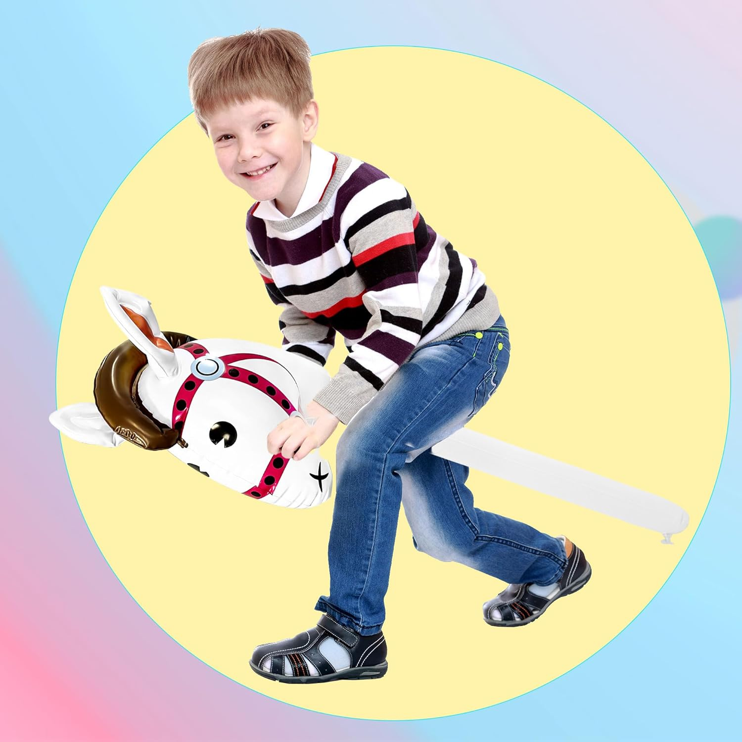 6 Pack 40 Inch Inflatable Horse Stick Cute Horsehead Stick Balloon Colorful Inflatable Horsehead Stick Blow up Pony Stick Toys for Christmas Cowboy Cowgirl Horse Theme Party Decor (Color Set 2) image number 6