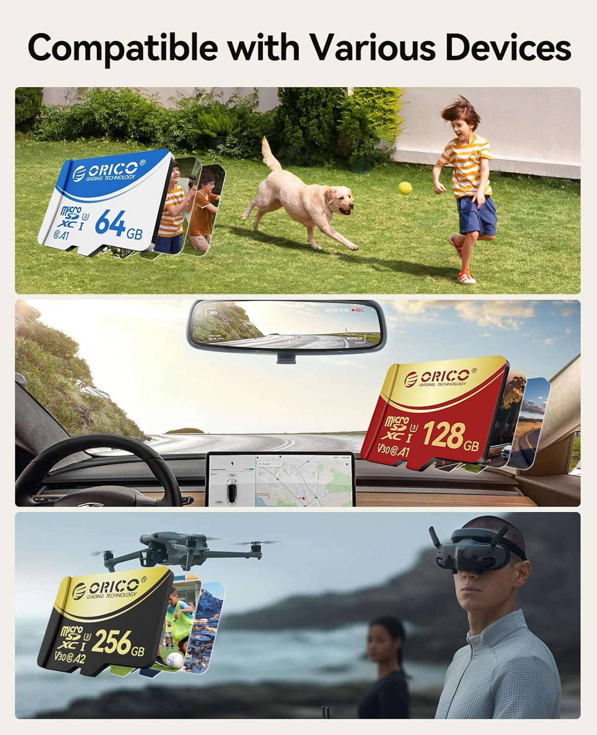 ORICO 128GB Microsdxc UHS-I Memory Card, 100Mb/S, 4K UHD Recoding, U3, Class10, V30, A1, Micro SD for Action Camera, Dash Cam, TF Card F3