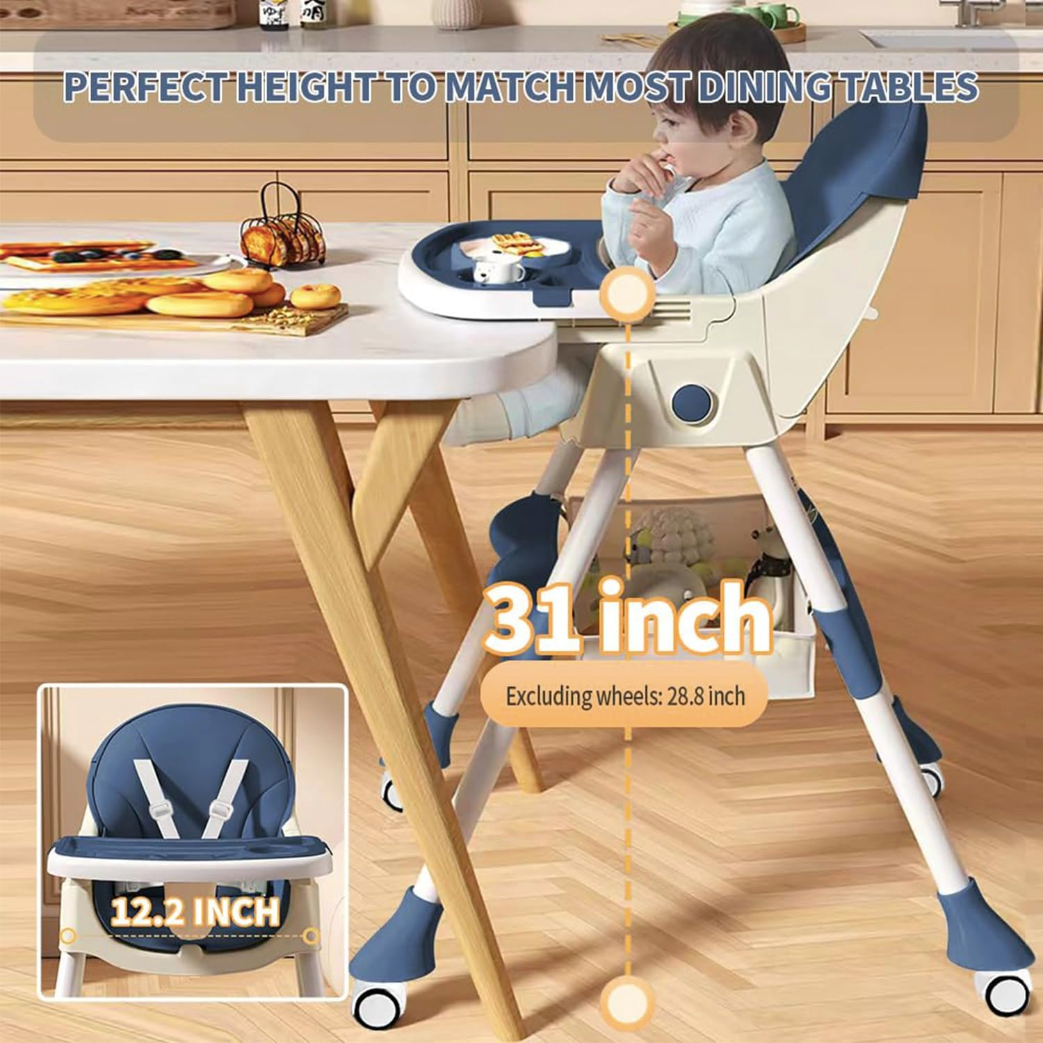 Baby High Chair for Babies and Toddlers with 360 Degree Rotatable Wheels 6 in 1/3 in 1 Foldable and Portable Children'S Highchair Suitable for Babies of All Ages to Grow up (Navy Blue) image number 5
