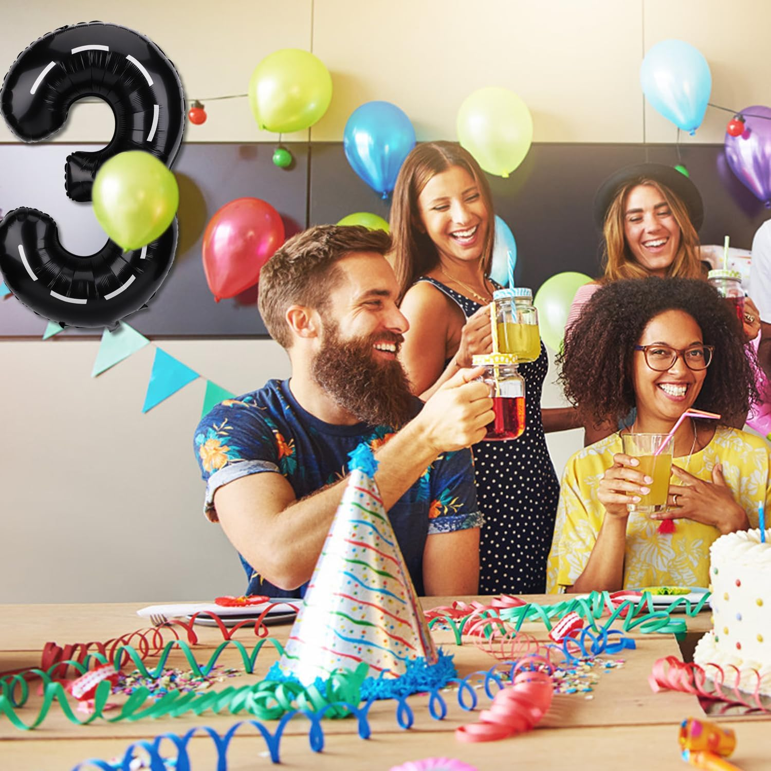 Race Car Balloon Number, 40 Inches Large Black Racetrack Number Balloon Race Car Birthday Balloons Race Car Theme Party Decorations for Boys' Birthday Party Baby Shower (3) image number 5