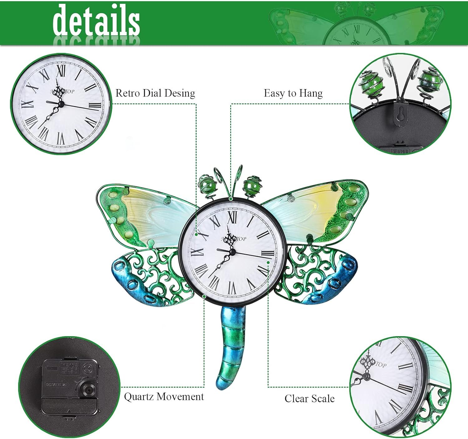 MUMTOP Indoor Outdoor Wall Clock Dragonfly Waterproof Wall-Mounted Clock for Patio Home Living Room Bedroom