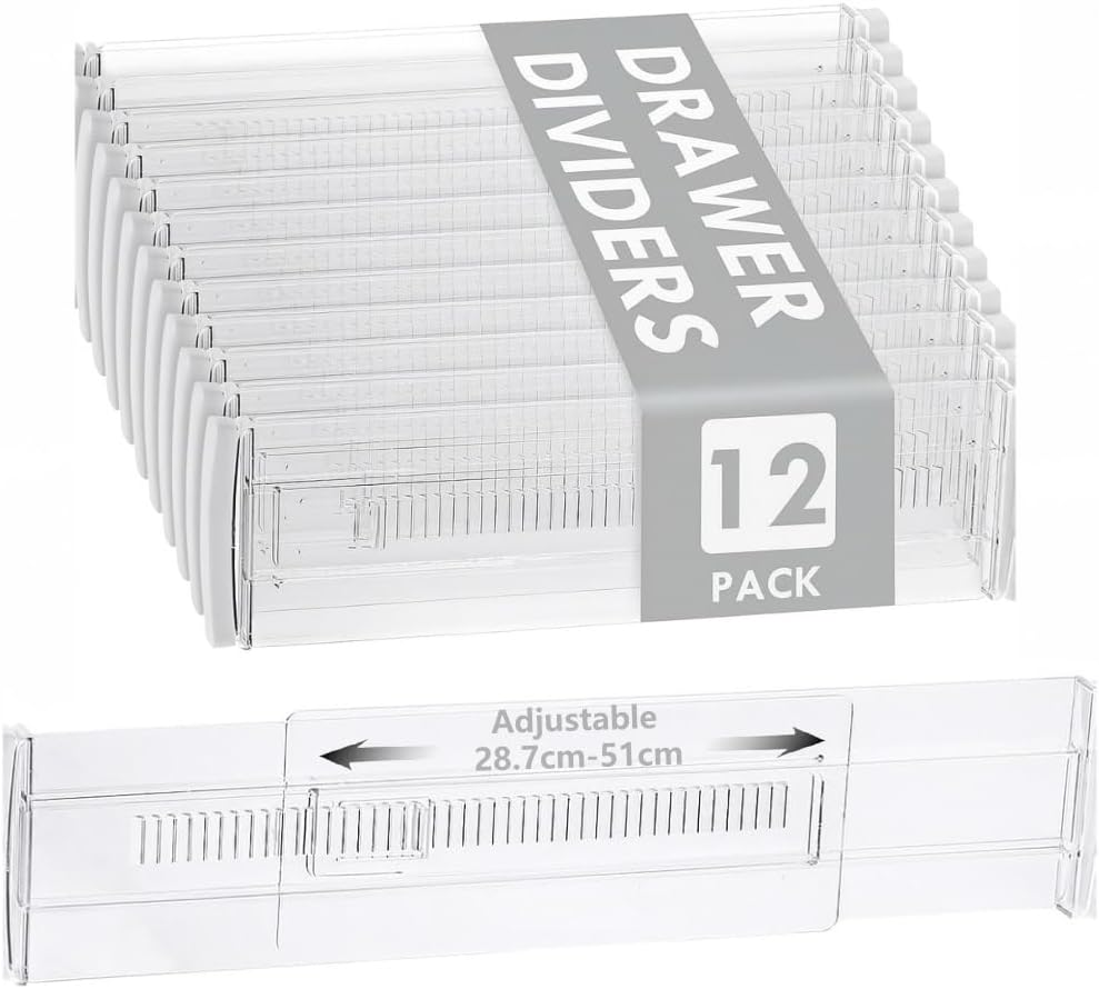 12PACK Drawer Dividers,Adjustable Clear Drawer Organisers, Expandable 28.7&ndash;50.5Cm and 8Cm High Drawers Separators for Bedroom Clothing, Kitchen Utensils, Bathroom & Office Organization and Storage image number 6